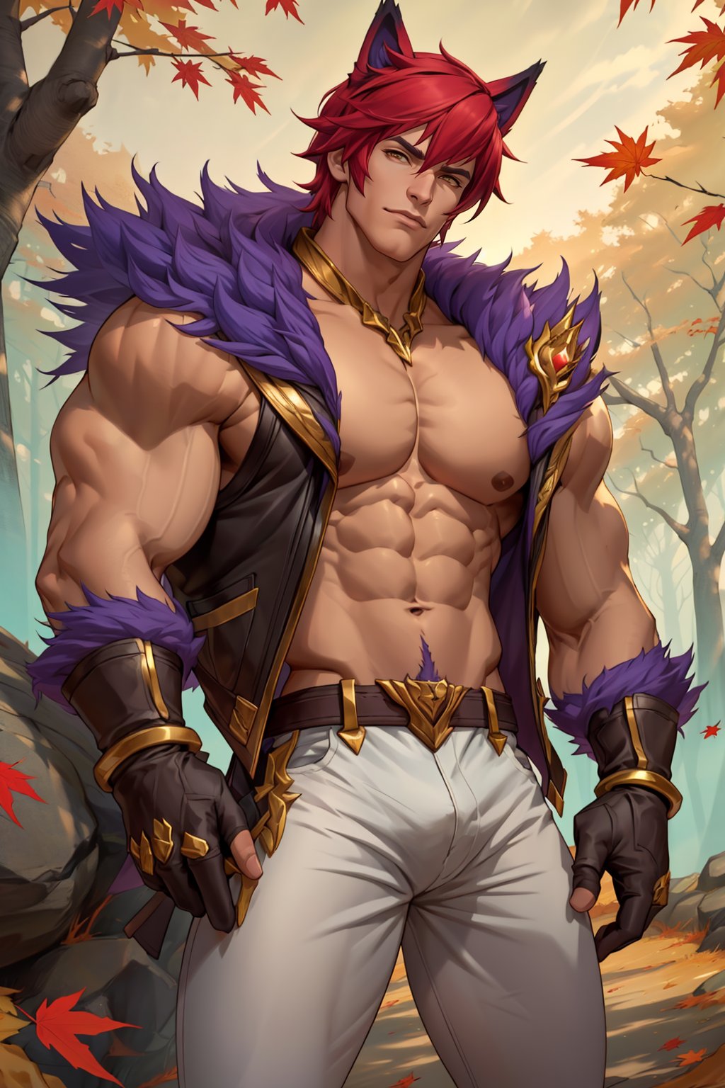Sett, photorealistic, Purple Fur on Shoulders, Black Sleeveless Jacket, White Pants, Gloves, Gold Accessories, Animal Ears, Muscular, Handsome, Huge Muscles, Broad Shoulders, Masculine, Attractive, Large Crotch, Short Hair, Gold Eyes, Manly, Autumn, Maple Trees, Maple Leaves, Knees in Frame, Masculine Face, Manly Face, Adult Male, Bright Light in Face,