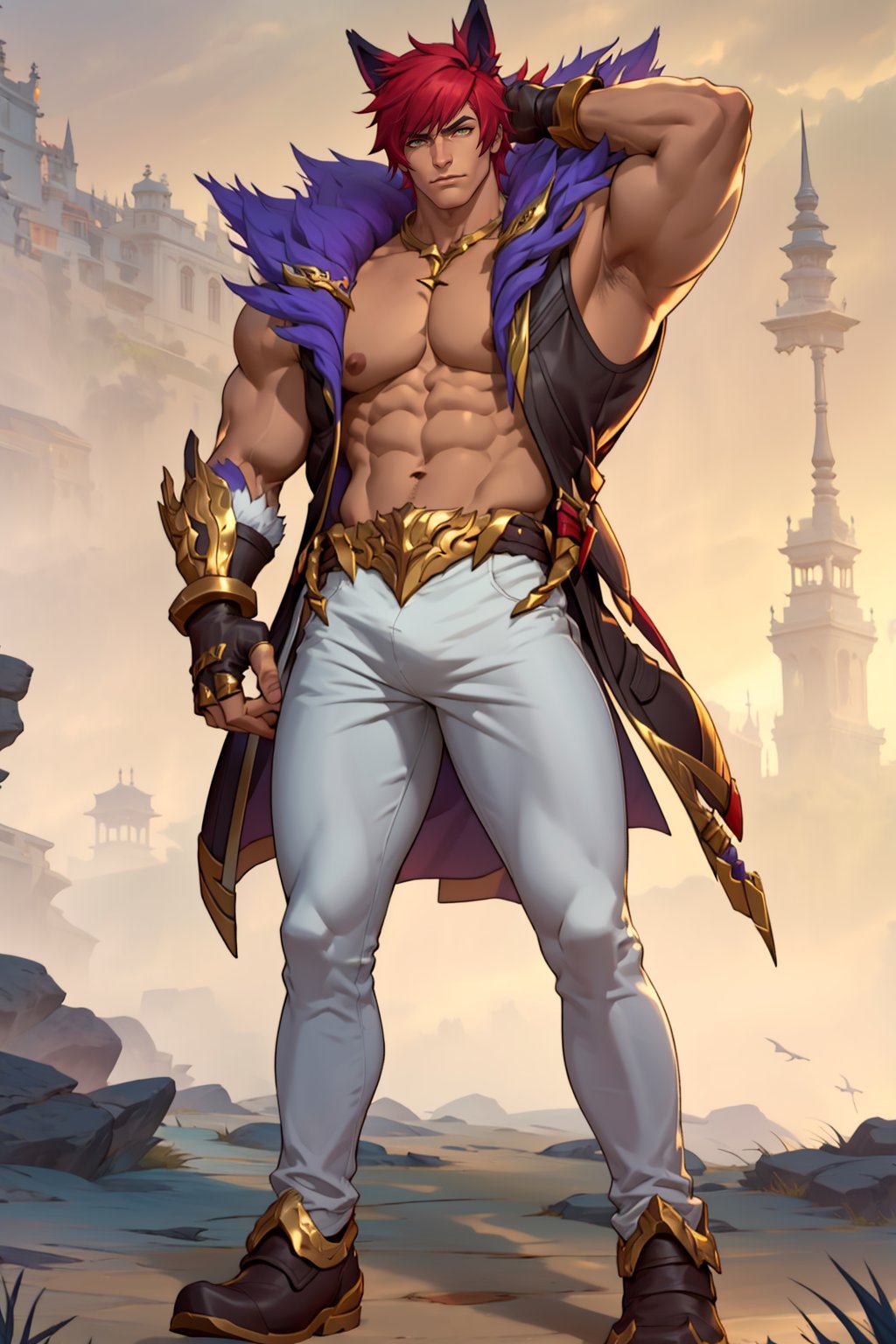 Sett,  Man,  Animal Ears,  Masterpiece,  full body,  photorealistic,  hands behind head,  shocked,  shirtless,  giant bulging crotch area,  muscular,  white background,  good lighting,  Golden eyes,  Short red Hair,  Face,  masculine jaw,  manly,  rugged,  large pectorals,  gold metal,  Purple Fur on Shoulders,  purple,  black sleeveless jacket,  gauntlets,  gloves,  golden accessories,  white pants,