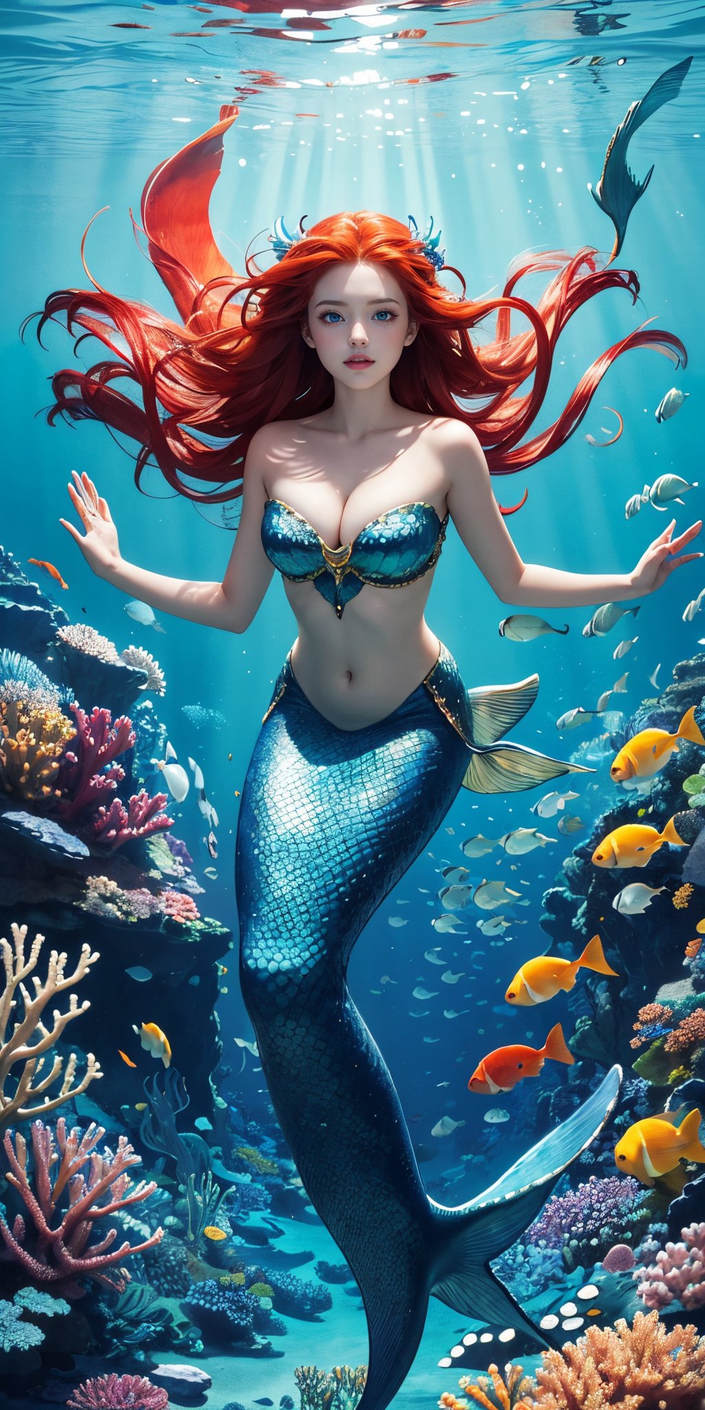 masterpiece, (best quality:1.4), [:intricate details:0.2], Under the sea, blue eyes, scales, a beautiful Little (Mermaid) swims gracefully with her bright red hair flowing behind her, surrounded by schools of colorful tropical fish, coral reefs, and sea anemones. The vibrant hues of blues, create a surreal and magical underwater world that leaves the viewer in awe., (masterpiece,best quality:1.5)