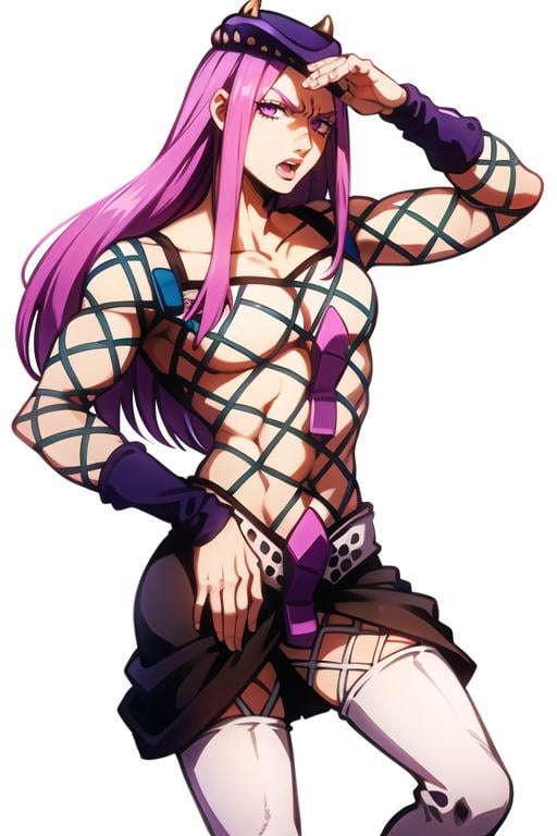 holding head,  pain,  solo,  anasui,  frown,  open mouth,  1boy,  fishnet top,  hat,  purple hair,  long hair,  eyelashes,  pink lips,  white boots,  thigh high boots,  skirt, simple white background,  looking at viewer,  white boots,  wristband,  abs,  muscular torso,  flat chest,<lora:EMS-234938-EMS:0.900000>,<lora:EMS-66168-EMS:0.300000>