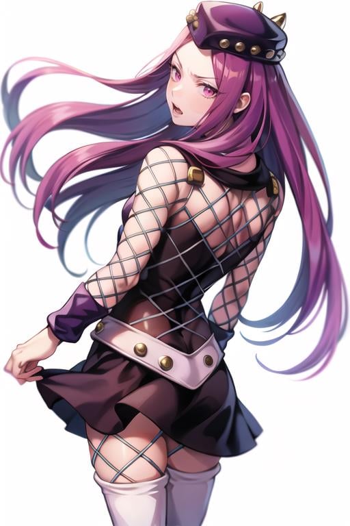 from behind,  back,  solo,  anasui,  frown,  open mouth,  1boy,  fishnet top,  hat,  purple hair,  long hair,  eyelashes,  pink lips,  white boots,  thigh high boots,  , simple white background,  white boots,  wristband,<lora:EMS-234938-EMS:0.800000>,<lora:EMS-13586-EMS:0.800000>