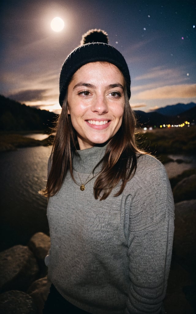 photograph, photo of beautiful woman, selfie, upper body, solo, wearing pullover, outdoors, (night), mountains, real life nature, stars, moon, (cheerful, happy), gloves, sweater, beanie, forest, rocks, river, wood, smoke, fog, clear sky, analog style, looking at viewer, skin texture, film grain, close up, ultra high res, best shadow, RAW photo, instagram LUT