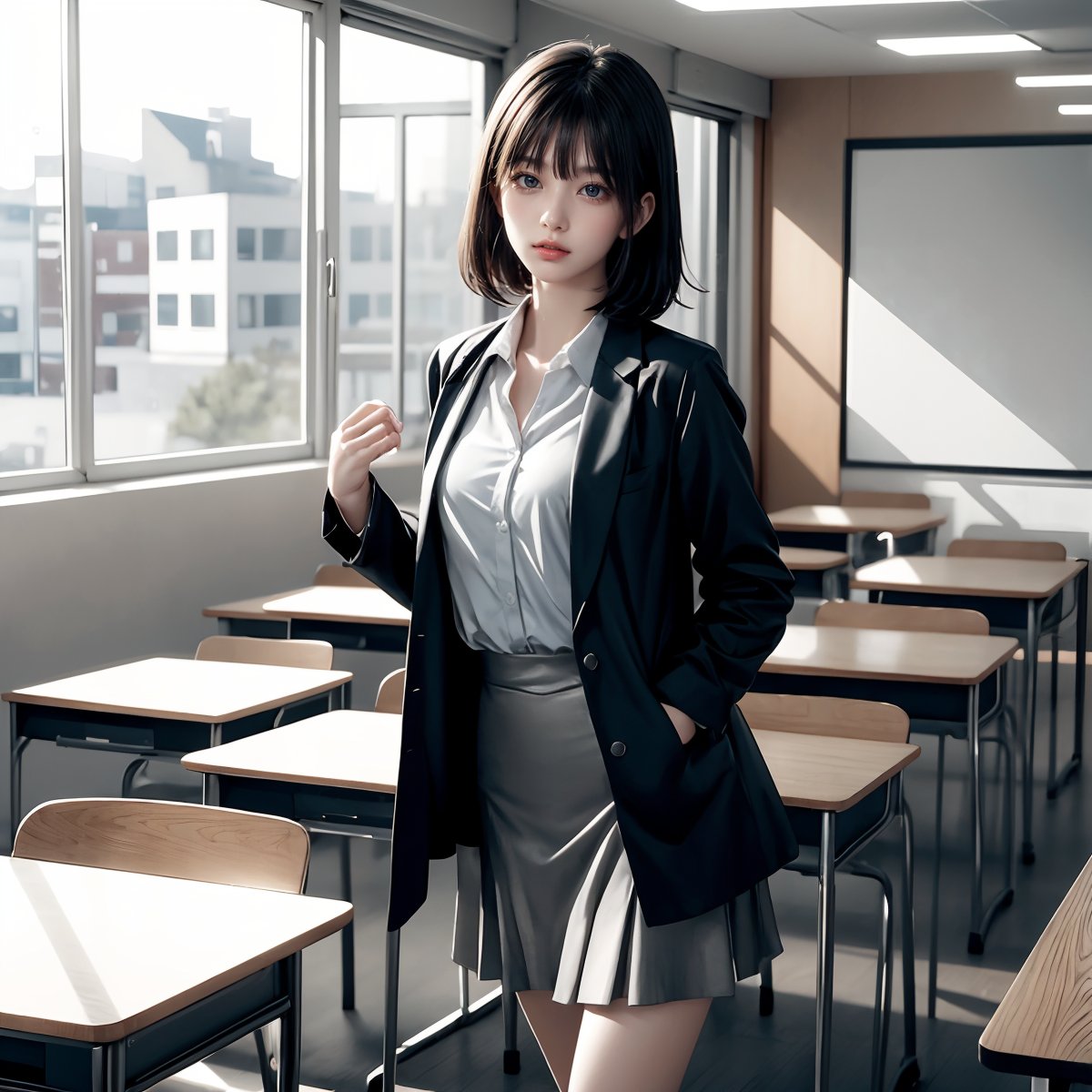 This captivating and visually stunning fractal art depicts a woman. The official art gives her a strong aesthetic appeal: a 19-year-old Japanese woman. Straight black hair, short hair, bangs, dark eyes, small breasts, elongated beautiful legs. 
Gray jacket, gray skirt, white collared shirt, blue tie.
Japanese high school classroom. Standing. Alone. Full shot.