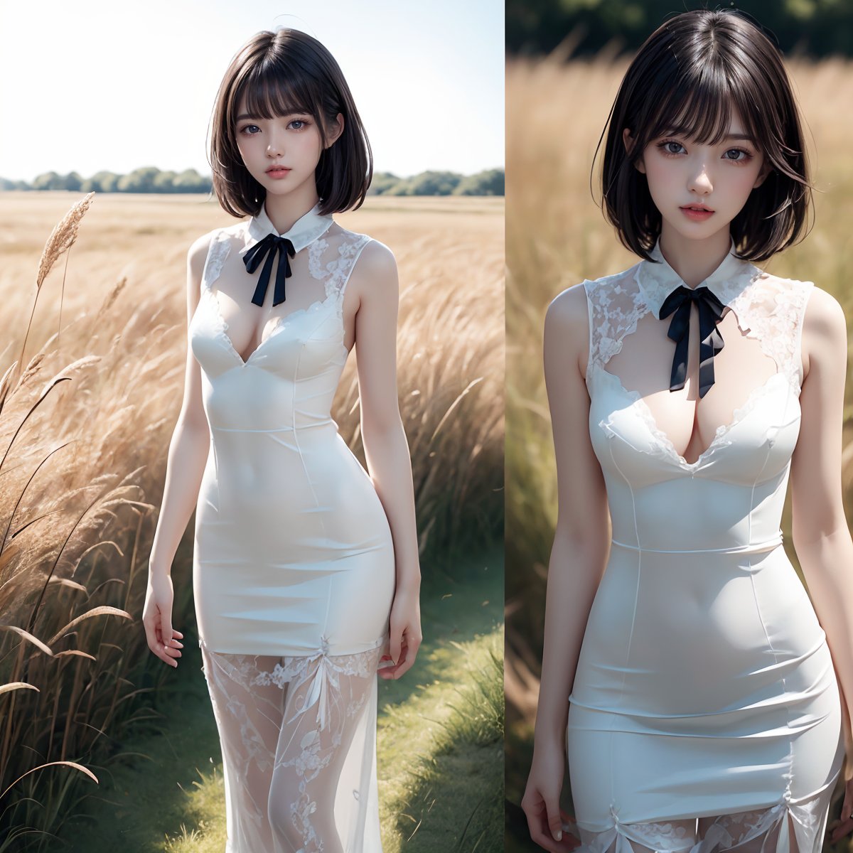 This captivating and visually stunning fractal art depicts a woman. The official art gives her a strong aesthetic appeal. 4K high resolution rendering. 19 year old Japanese female. Straight short black hair with bangs. Dark eyes, short eyelashes, small breasts.
White long dress. Collared dress. Grass field. Standing.
Full shot. 1 girl. Japanese girl.