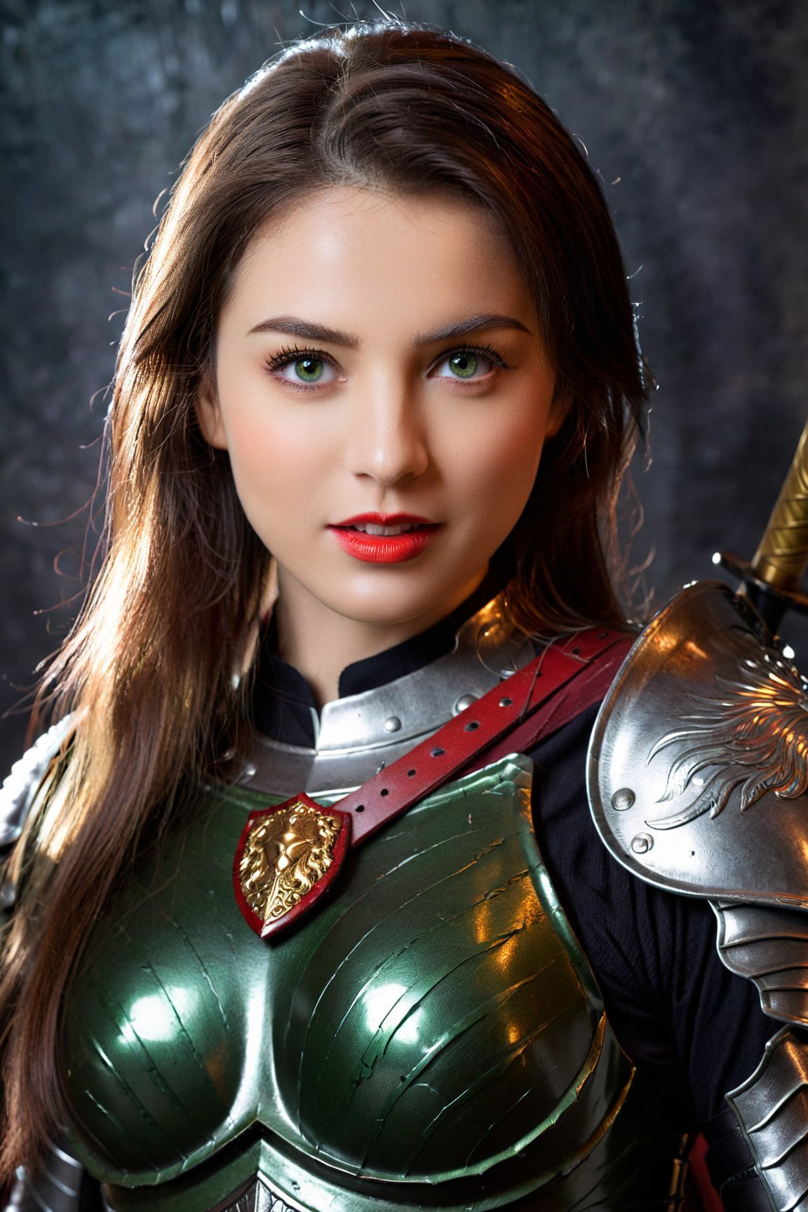 (best quality, ultra-detailed, realistic:1.37), vivid colors, studio lighting, beautiful detailed eyes, beautiful detailed lips, extremely detailed eyes and face, longeyelashes, 1girl, angry smile, green eyes, armor body shut, warrior woman, confident pose, strong and fierce, shining armor, graceful movements, dynamic background, night scene, sword in hand, sharp edges, reflection of moonlight, glowing energy, foreboding atmosphere, soft shadows, unyielding determination, roaring flames, battle-ready, brave warrior, greenery, subtle highlights, splashes of red, contrast of colors, dark silhouette, sublime scene, heroine with a purpose, defiance in her gaze, intense emotion, powerful presence, mysterious aura, ornate details, exquisite craftsmanship, unstoppable force.