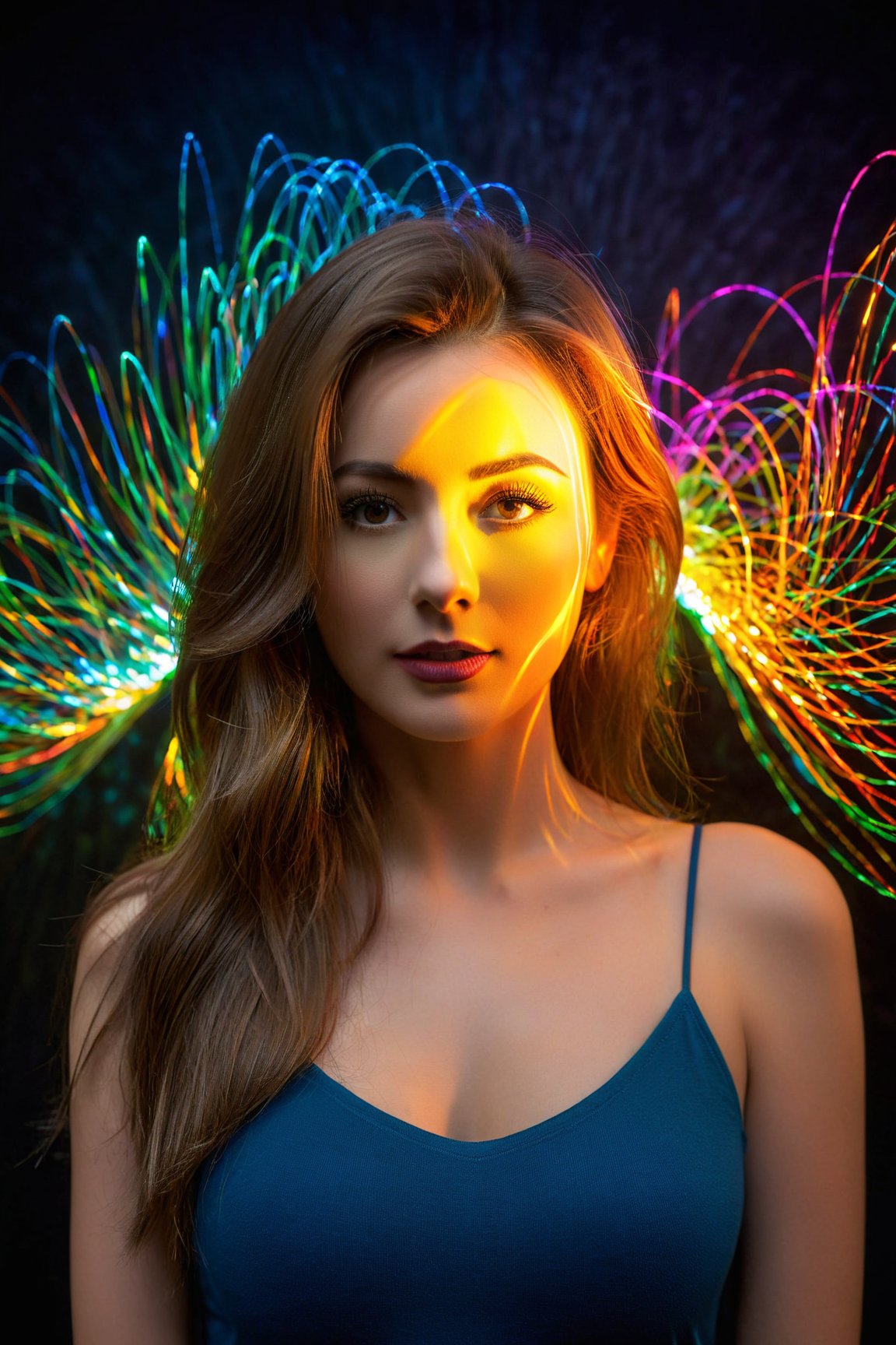best quality, 4k, 8k, highres, masterpiece:1.2), ultra-detailed, (realistic, photorealistic, photo-realistic:1.37), Luminogram portrait with fiber optic light painting, Light field photography, Light painting, Light tracing, portraits, bokeh, studio lighting, physically-based rendering, vivid colors, sharp focus, reverse vignette, ethereal glow, colorful, delicate details, soft shadows, luminescent strands, subtle highlights, ambient incandescent light, fantastical atmosphere, glowing figures, unconventional light sources, contrasting hues, fiber optic brushstrokes, hypnotic patterns, trail of lights
