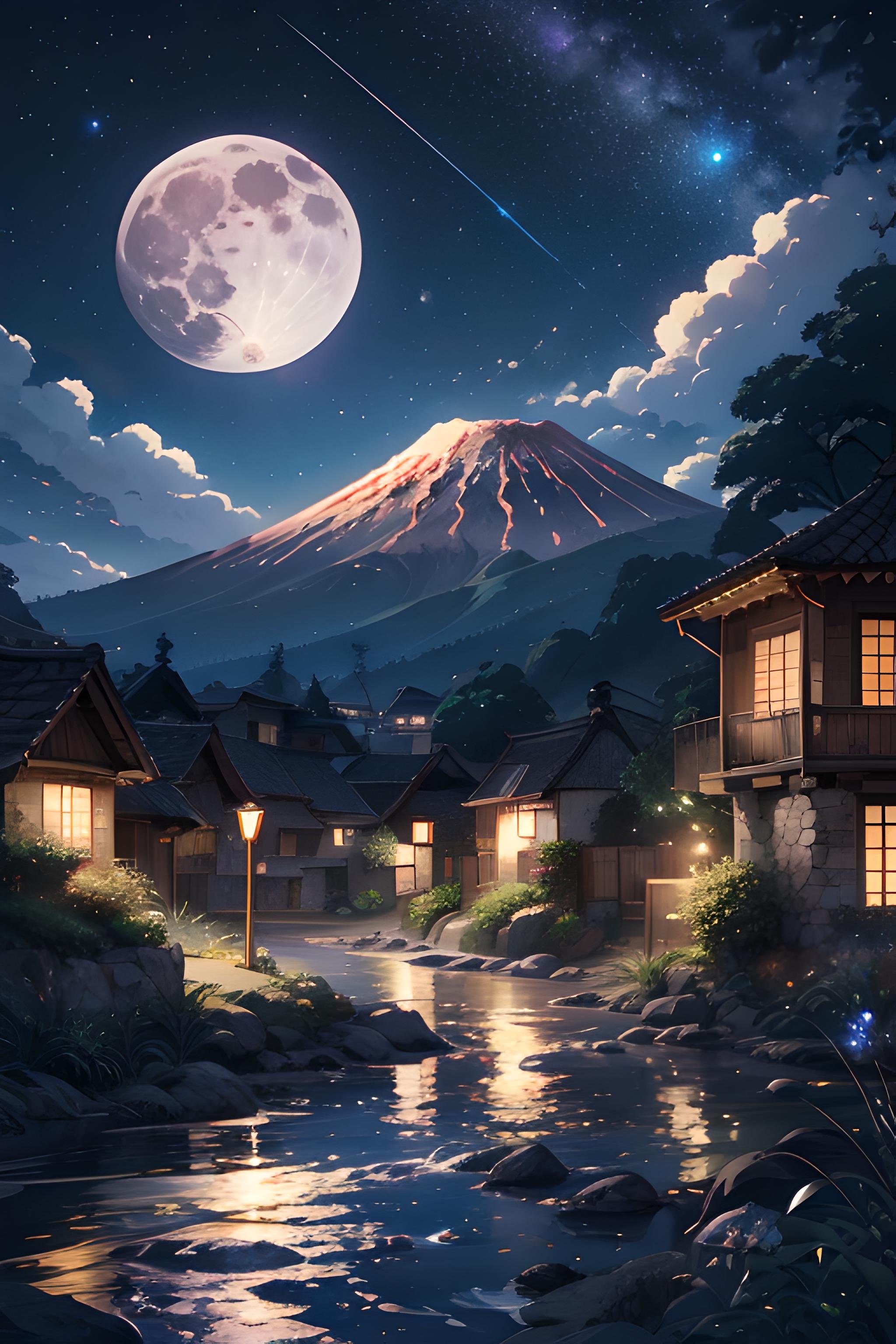 a night scene with a full moon in the sky, detailed digital anime art, volcano valley, けもの, # digital 2 d, music album art, night time with starry sky, streaming on twitch, 2 5 6 x 2 5 6 pixels, fragments, devinart, unconnected, cover, blue hour, summer night, anime visual, flowing hills <lora:Fantasy_style_background:0.7>