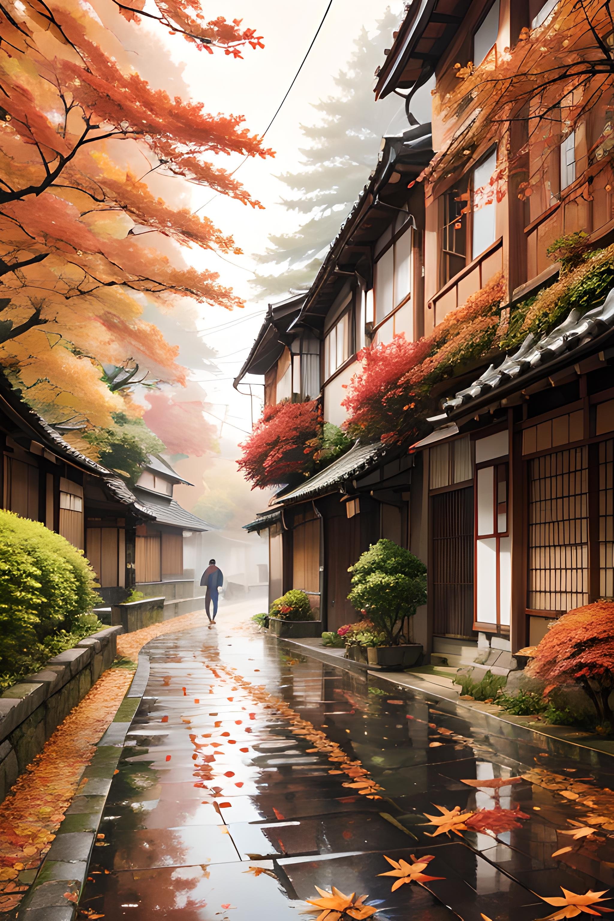 japanese autumn streets, orange and red leaves, rain <lora:Fantasy_style_background:0.7>