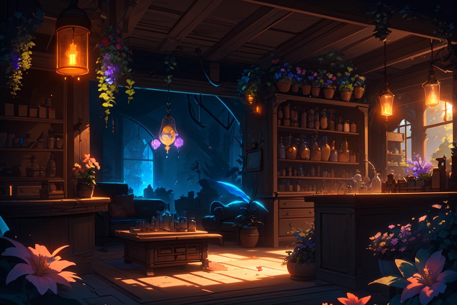 shine, colors, splash, nature, fantasy style, light, night, magic lab background, rossdraws global illumination, apothecary, magical botanic, magic shop, a living room filled with furniture and flowers, pleasant cozy atmosphere, interior <lora:Fantasy_style_background:0.63>