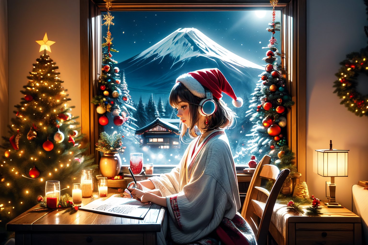 An illustration of a LOFI girl in a Christmas atmosphere, studying by a window in the early morning, in a style that can be either semi-realistic or anime. She is shown in profile, looking down at her homework with her right hand writing. She's wearing headphones and a Christmas hat, immersed in her music. Beside her is a Japanese Maneki-neko (lucky cat) with its left paw raised. The room has a cozy, festive ambiance. Outside the window, there's a view of Mount Fuji, a cluster of small houses, and numerous Christmas trees, capturing the essence of a Christmas morning. The image is ideal for a LOFI music background, 