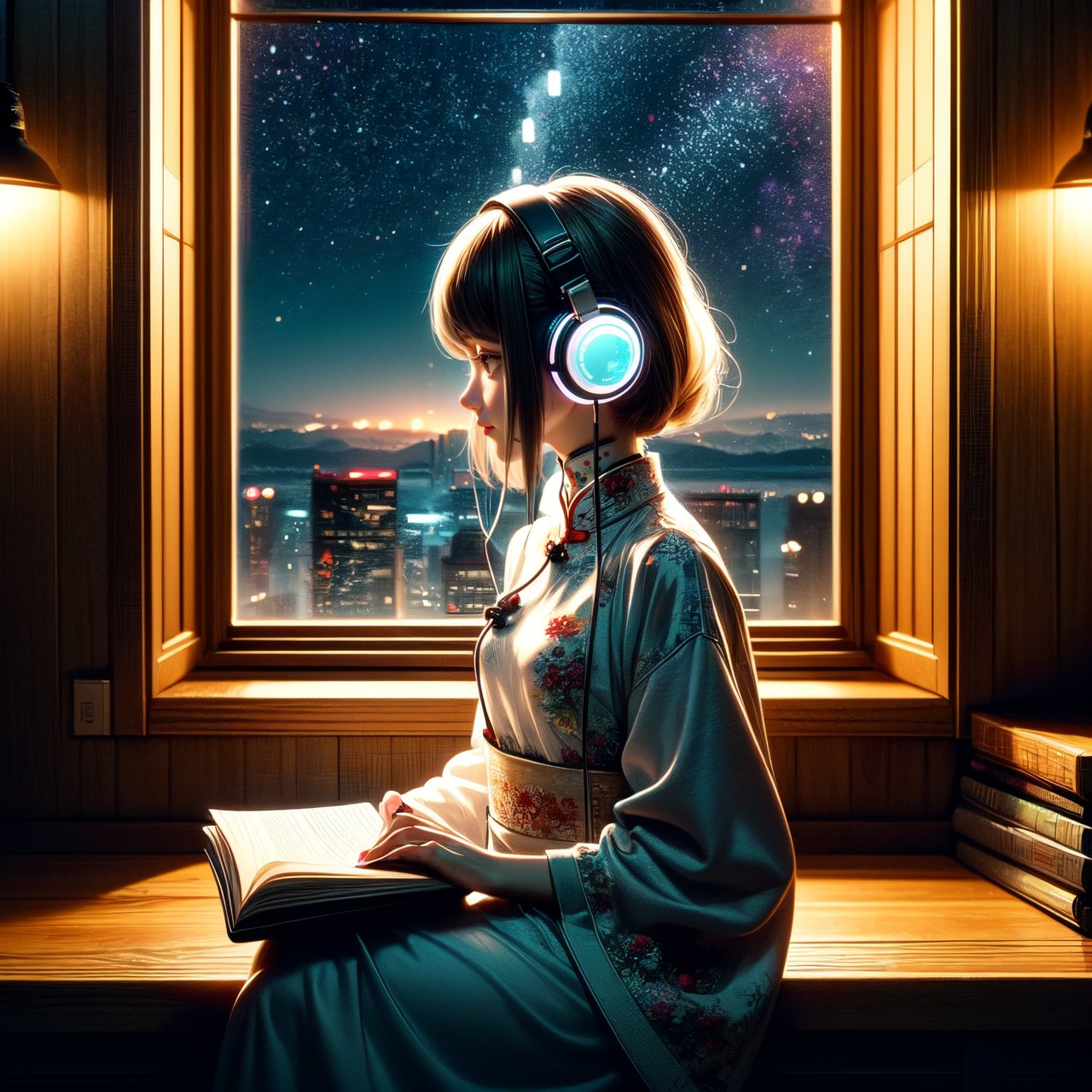 A cute LOFI music-themed anime-style girl wearing a winter cheongsam, leisurely reading a book by a window. She is wearing headphones and listening to music. The window offers a view of a vast night sky filled with stars and fireworks, set in a cyberpunk world. The image features a warm color palette, creating a cozy and inviting atmosphere. This scene combines traditional Chinese elements with a futuristic cyberpunk setting, capturing the essence of a serene winter night. perfectly suited for a LOFI music background.
