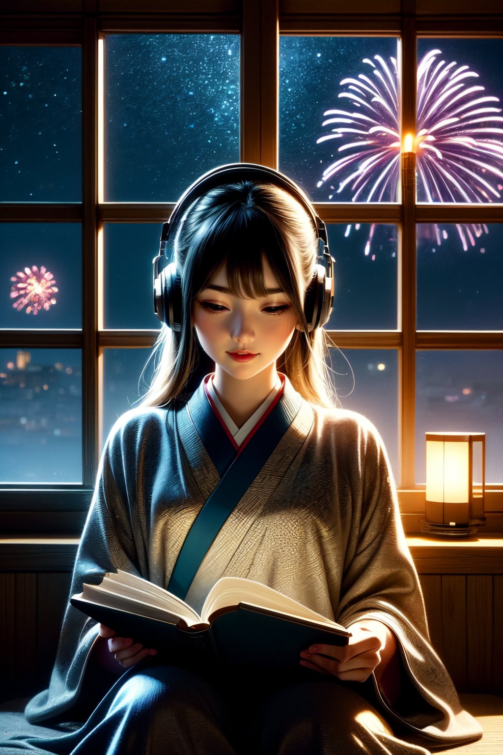 A cute LOFI music themed anime-style girl wearing a winter kimono, leisurely reading a book by a window. She is wearing headphones and listening to music. The window offers a view of a vast night sky filled with stars and fireworks, set in a cyberpunk world. The image features a warm color palette, creating a cozy and inviting atmosphere. This scene combines traditional Japanese elements with a futuristic cyberpunk setting, capturing the essence of a serene winter night. perfectly suited for a LOFI music background.,Lofi style