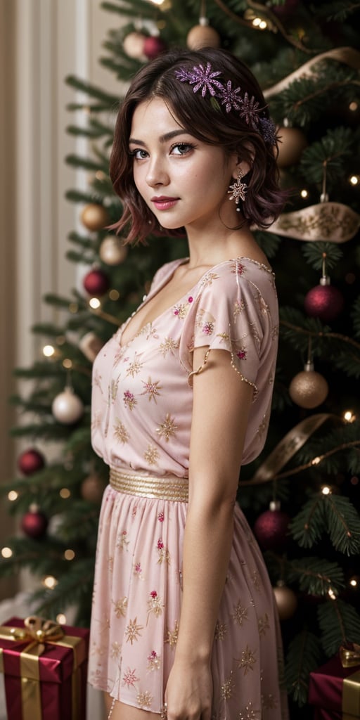 1girl, face portrait, purple short hairs, green eyes, A high-quality, high-res masterpiece, matured female, hair ornaments, blushing, Christmas tree in the background(( deep depth of field:1.4)) realistic, masterpeice ,Side view, full body, standing