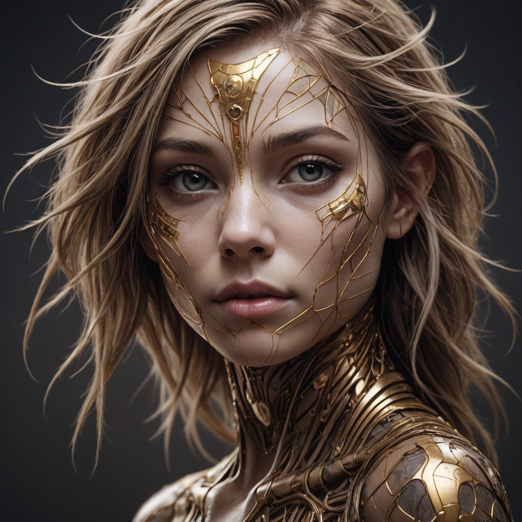 A Photograph with bioluminescent and luminous artistic style portrays a computer vision-inspired concept. A model with translucent cybernetic skin showcases an alluring, perfect face in ultra-realistic detail. The composition imitates a cinematic movie, with dazzling, golden, and silver light effects. The intricate details, sharp focus, and crystal-clear skin create a highly detailed, studio photo that is as mesmerizing as the works of Carne Griffiths and Ralph Horsley.