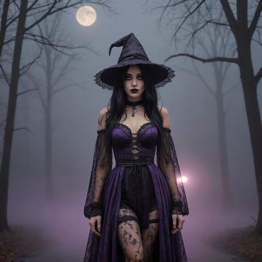 Foggy dream scene with my hippy goth witch waifu, woman of my dreams, purple fog and lace and night, dark glamour