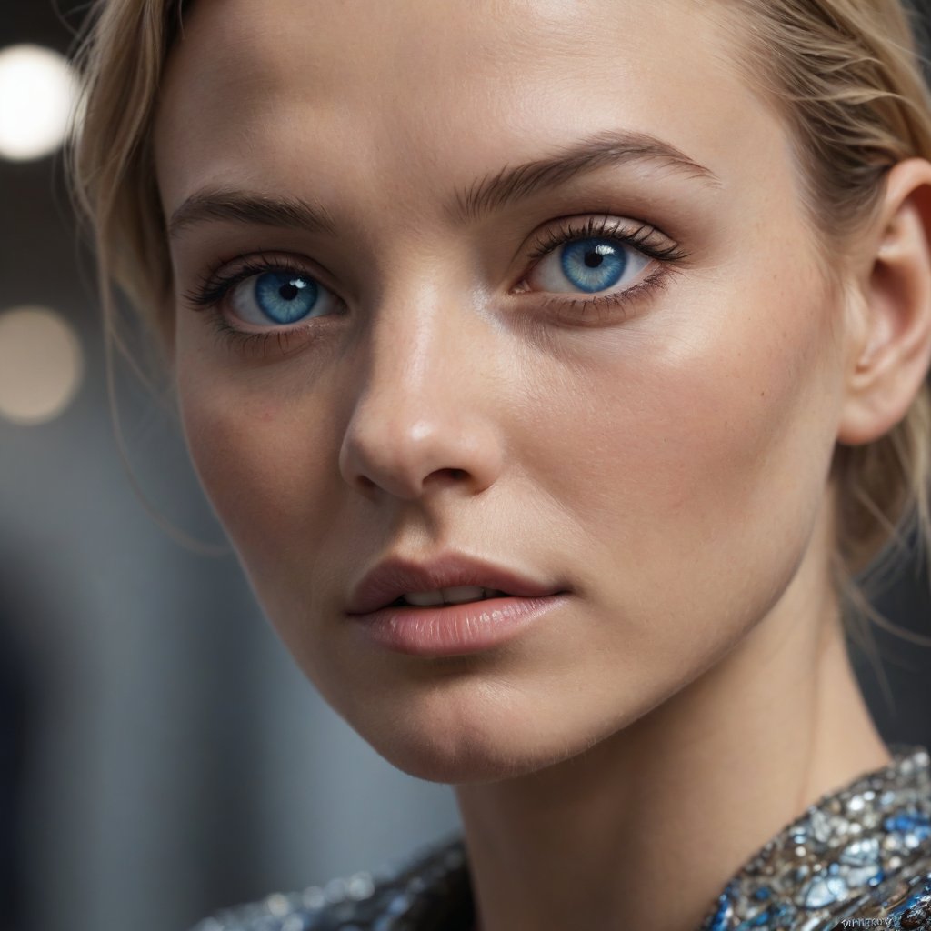 award winning close up face portrait with focus on glossy blue eyes with light from the side, haute couture, bottega veneta fall 24, ultra detailed, tilt shift