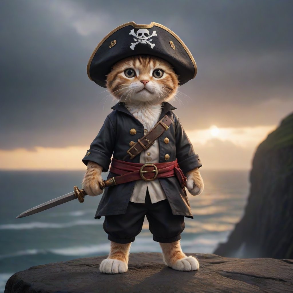 a cute cat pirate one piece outfit wearing a straw hat he is raising his saber and is standing on a cliff and is looking down on an stormy ocean a new dawn is rising on the horizon, high quality photography, 3 point lighting, flash with softbox, 4k, Canon EOS R3, hdr, smooth, sharp focus, high resolution, award winning photo, 80mm, f2.8, bokeh