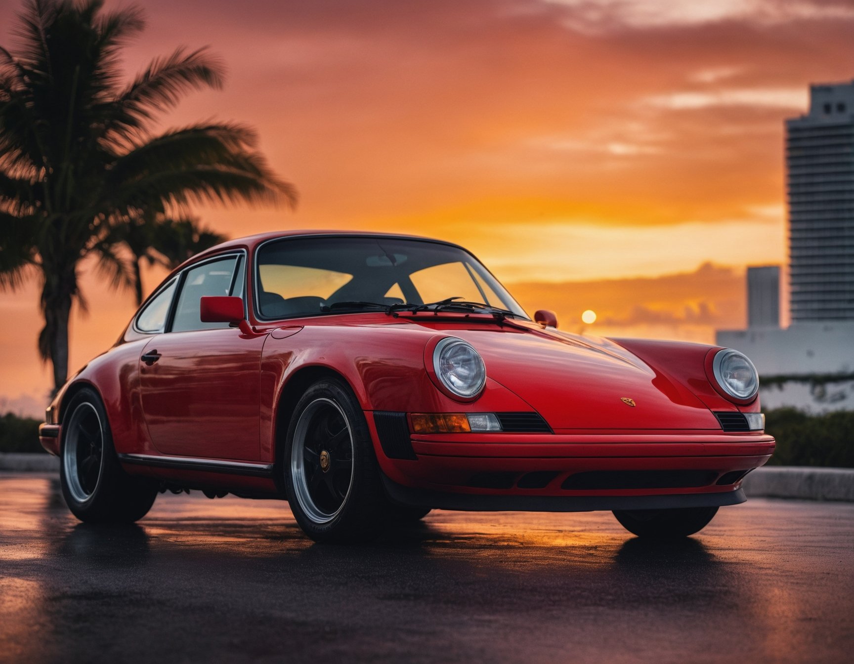 cinematic photo of red Porsche in Miami, sunset, high detailed