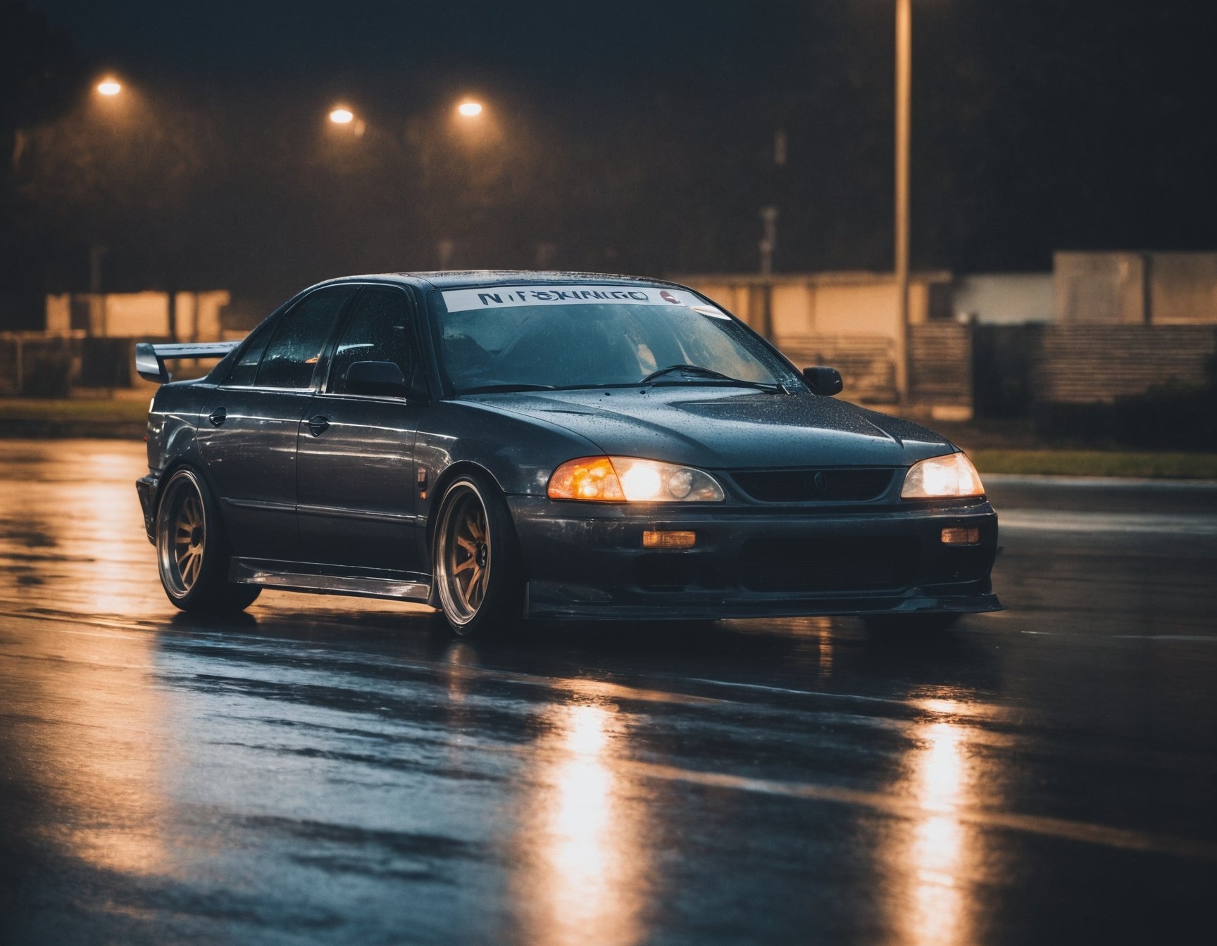 photo of tuned car, night, rainy weather, motion blur