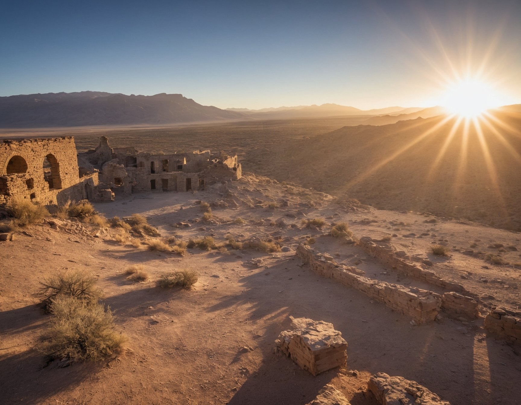 photo of desert landscape, ruins, lense flare, epic, award winning
