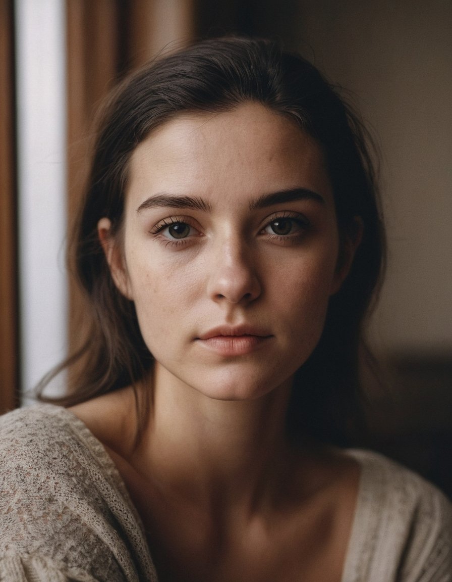 front shot, portrait photo of a 25 y.o american woman, looks away, natural skin, skin moles, cozy interior, (cinematic, film grain:1.1)
