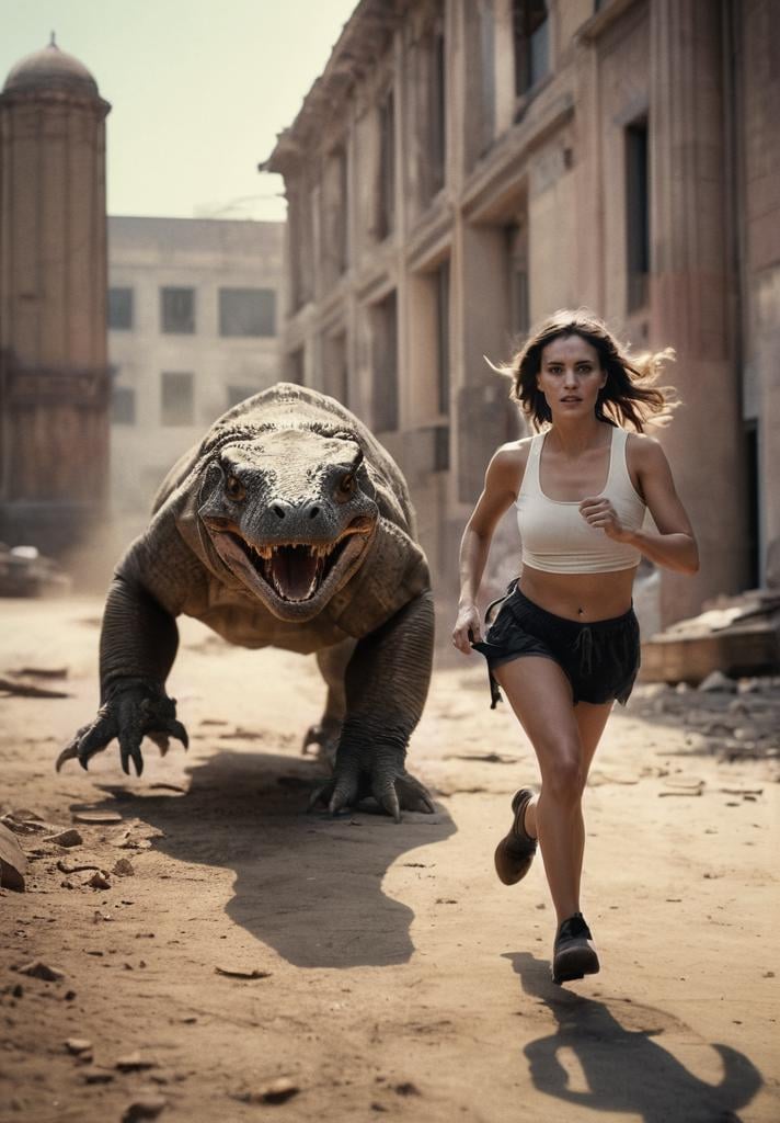 cinematic photo analog film photo ((best best quality)), ((masterpiece)), ((realistic)), (detailed), action sequence woman running in postapocalyptic setup chased by giant Komodo Dragon, screeming, scared, fear, film grain, lightshaft, highly detailed skin, blush, (masterpiece), absurdres, HDR , . faded film, desaturated, 35mm photo, grainy, vignette, vintage, Kodachrome, Lomography, stained, highly detailed, found footage . 35mm photograph, film, bokeh, professional, 4k, highly detailed