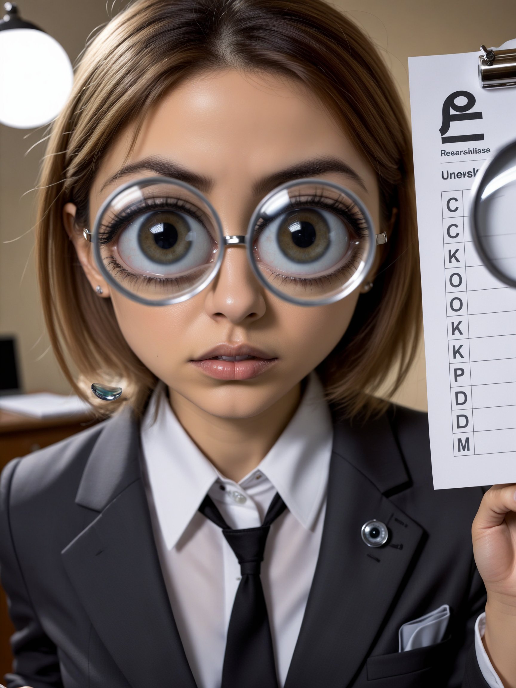 <lora:bigeyes-v2_16x8-4x1-000003:1>,a realistic photograph of woman with big eyeswearing a suitreading a checklist holding a magnifying glass