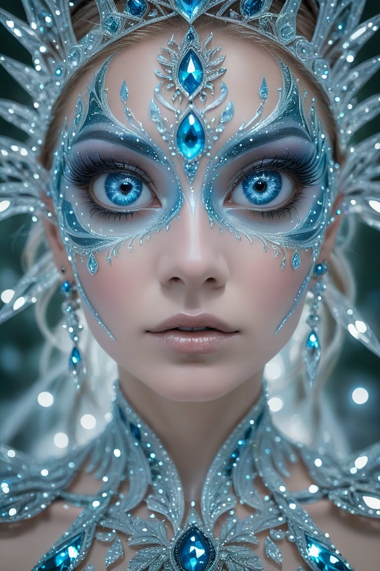 Rorschach Editorial Photography, close up Face, Frost Goddess, Neo Tribal frost Art, detailed skin, ((Background Christmas Tree:1.2) Bokeh:0.7), frost crystal,Glass Elements,(Transperent Parts),BIG EYES