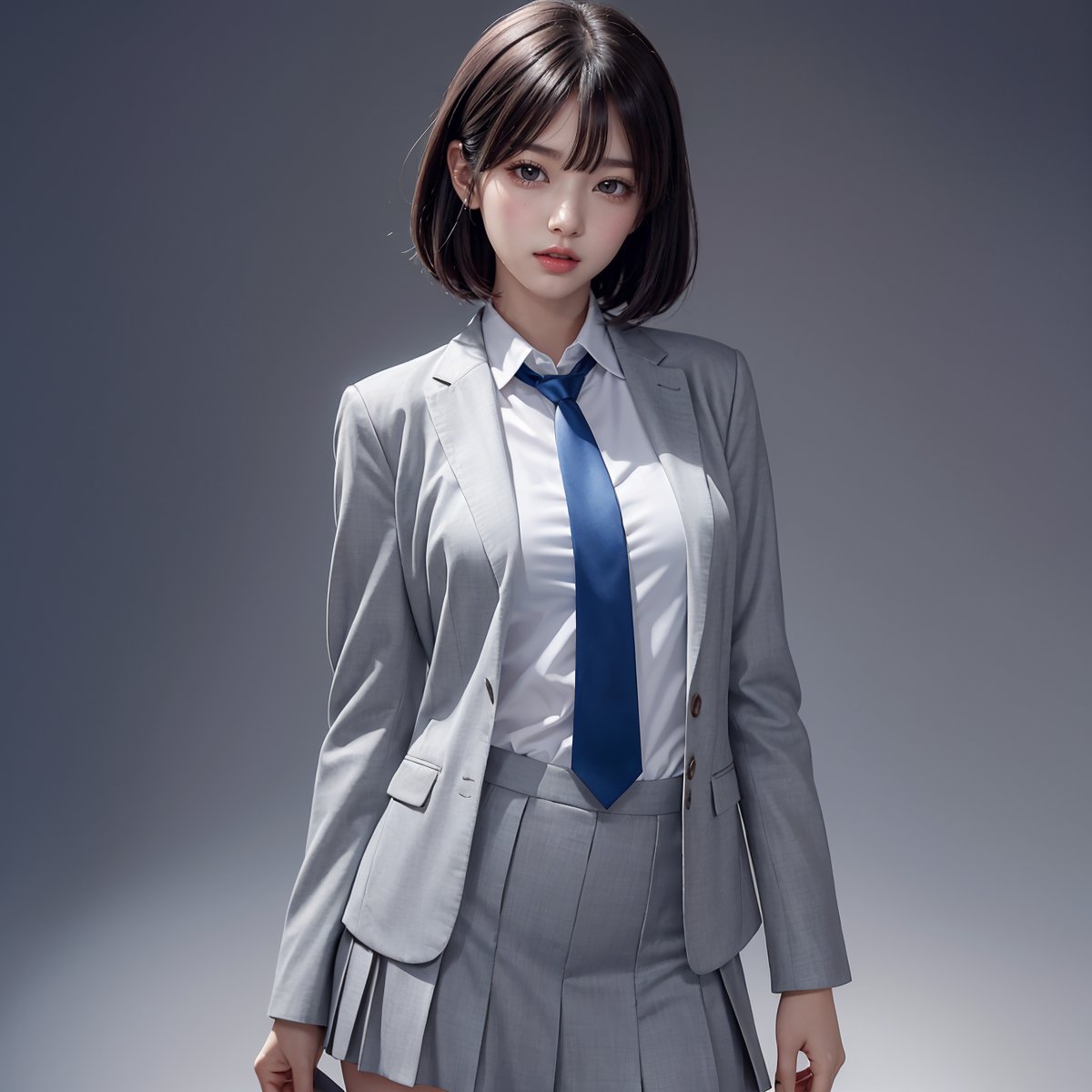 This captivating and visually stunning fractal art depicts a woman's entire body. The official art gives her a strong aesthetic appeal. 4K high resolution rendering. 19 year old Japanese female. Black, straight, short hair with bangs. Dark eyes, short eyelashes, small breasts. Standing posture.
Japanese high school uniform. Blazer type. Gray blazer, gray skirt, white collared shirt, blue tie. Full shot. white simple background.
1 girl. JAPANESE GIRL, akkoj