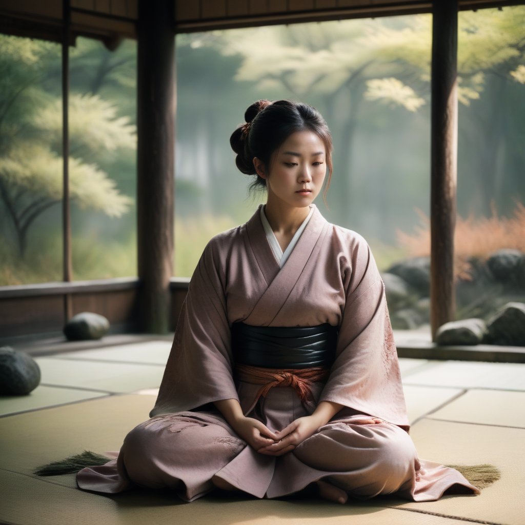 samurai woman in kimono meditating in a dojo after training, beautiful japanese nature in the background, by Wētā FX, by WLOP, Fine Art, Artwork, Dramatic, Effect, Warm Color Palette, Cool Color Palette, Tonal Colors, Low Contrast, Kodachrome, 3D, 4k, HDR, Adobe RGB, Point, Exterior, Sad, Lonely, Essence, Thin, Muted, Natural Lighting, Moody Lighting, Cinematic Lighting, Soft Lighting, Hard Lighting, Opaque, Scattering, Rough, Matte, Caustics, Depth Map, Plant, Grass, Grassy, Tree Bark, Leaves, Anti-Aliasing, FXAA, RTX