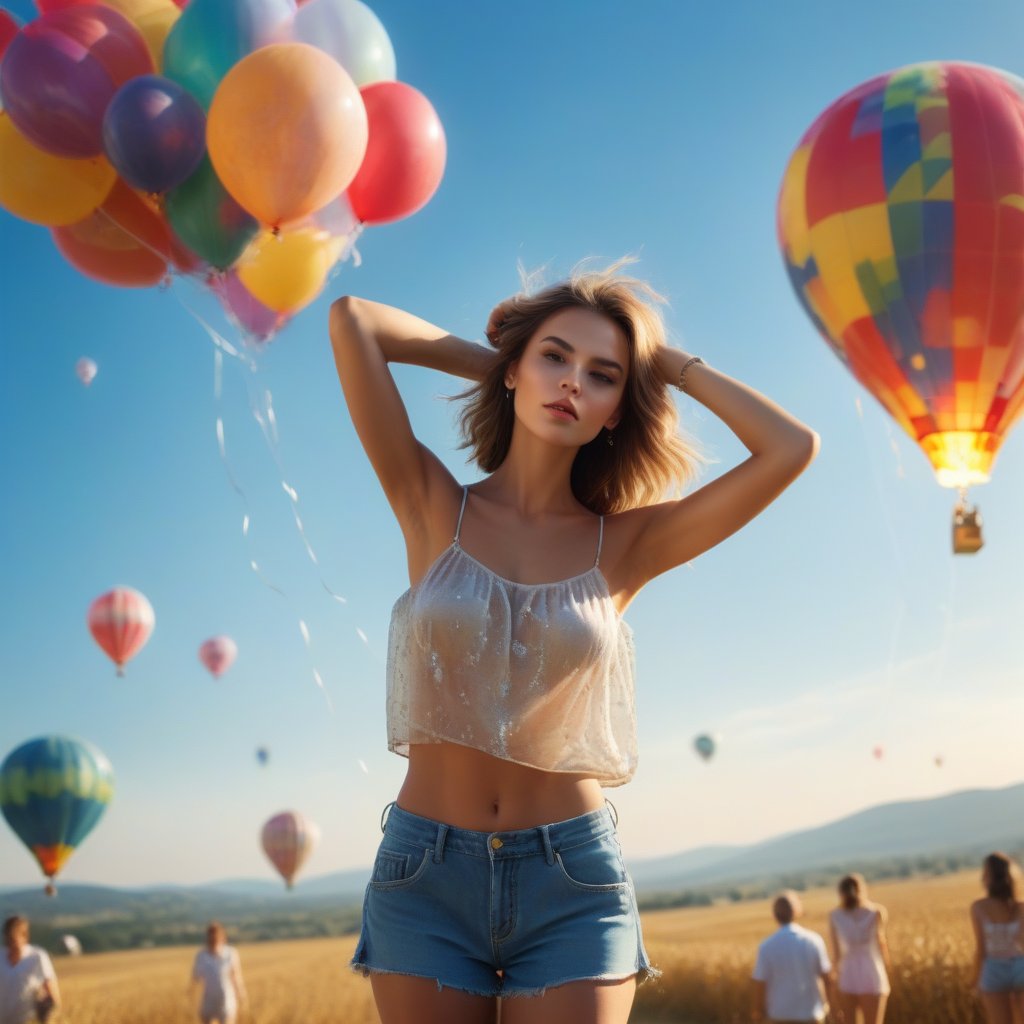 crytal clear photo of a beautiful female super model, in summer clothes facing camera, with arms stretched into air, in summer, hot air baloons are in background, sunlight sparkles