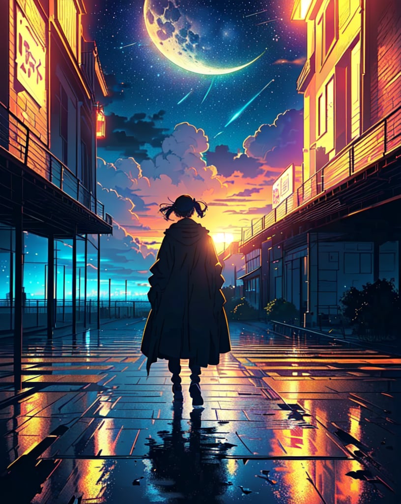 dim lighting,night sky, dark clouds,fantasy, fantasy landscape,aesthetic, moon,anime landscape,city ​​in the sky, shower of shooting stars,[[Best Quality]],[[8k]],anime,masterpiece,{{{best quality}}},(illustration)),{{{extremely detailed}}},(extremely fine and beautiful:1.1),(perfect details:1.1),CG unity 8k ,Brilliant light,cinematic light,(illustration:1.1),(extremely fine and beautiful:1.1), (perfect details:1.1)