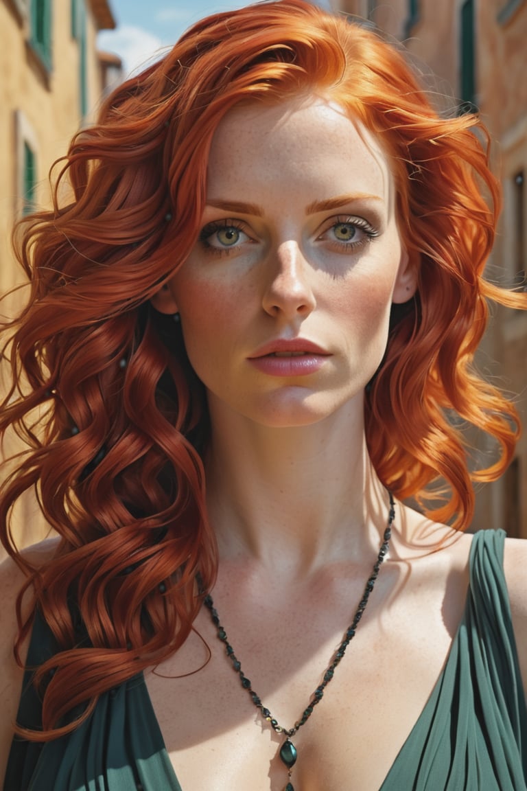 Generate hyper realistic image of a captivating portrayal of a woman with red hair cascading down her shoulders. cleavage
