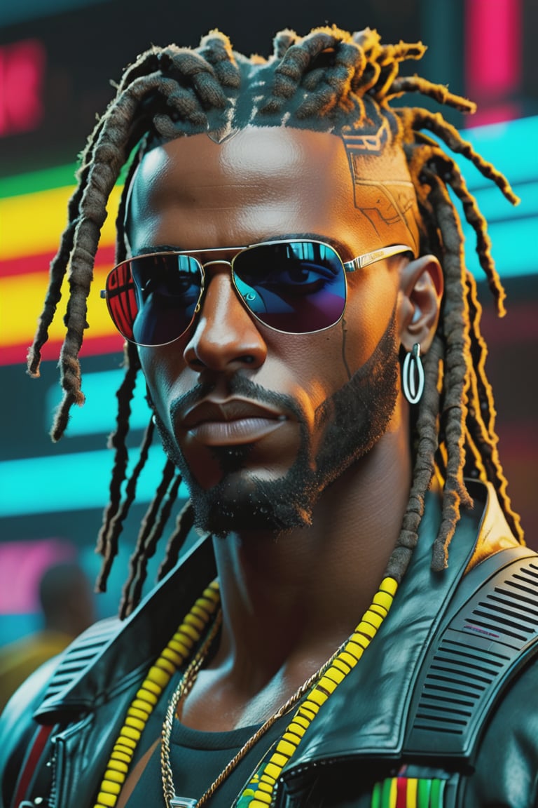 super high res, melhor qualidade, foto, 16k, (photorealistic: 1.2), cinematic lighting, In addition he wears mirrored sunglasses and also has dreads in his hair (Cyberpunk 2020), photo of a black man with rasta hair, photorealistic