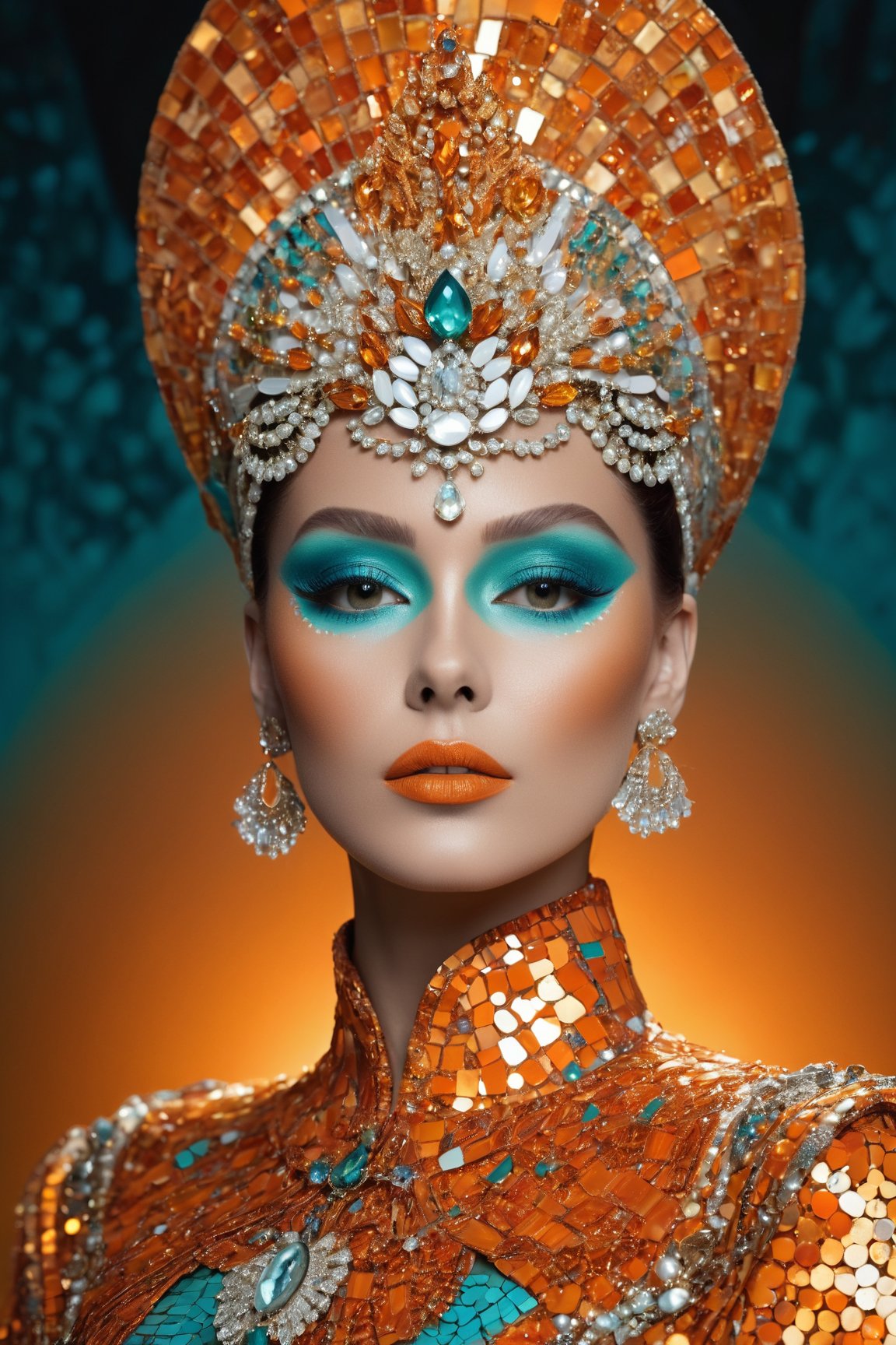 (best quality,8K,highres,masterpiece), ultra-detailed, (surrealistic, avant-garde) photograph showcasing a regal queen embodying the Cancer zodiac sign. Picture her draped in a spellbinding glass mosaic ensemble, illuminated by ethereal orange lights. The surrealistic wearable look, intricately tailored, exudes confidence and poise. Capture the avant-garde essence with a close-up portrait, highlighting a depth of field that emphasizes the queen's mesmerizing makeup. The color palette blends shades of orange, turquoise, and white, creating a visually stunning and unconventional masterpiece.