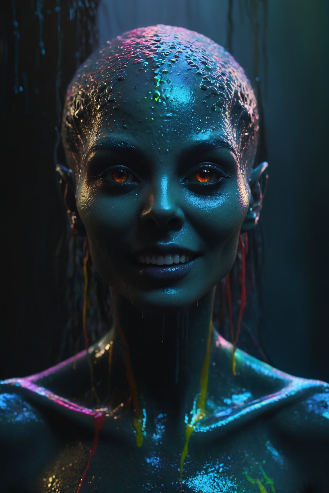 (Create a masterpiece of the highest quality) with an ((8K resolution)), showcasing an ((ultra-detailed and realistic)) portrait of an ((alien shapeshifter entity)). Focus on capturing the mesmerizing allure of its ((eyes)) and the intricate details of its facial features. Emphasize the ((otherworldly skin texture)) and craft an ((insane smile)) that radiates both unnerving complexity and mesmerizing charm. Set the scene in a surreal horror atmosphere, incorporating ((dark shadows)) and an ((inverted neon rainbow drip paint)) for an ethereal and captivating effect. Infuse the composition with a ((vibrant color palette)), vivid shading, and an ((ethereal glow)) that enhances the ((hypnotic energy)) of the entity. Strive for a transcendent beauty that exudes a mystical aura, all achieved through the advanced techniques of ((Octane render)).