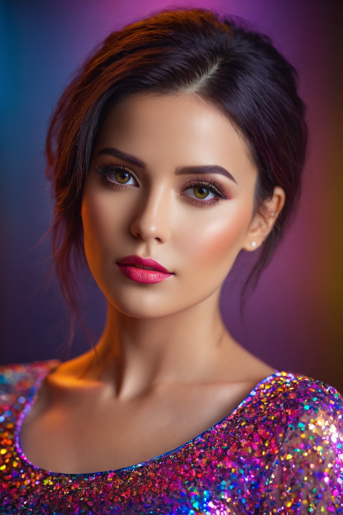 best quality, highres, ultra-detailed, realistic, professional, vivid colors, bokeh, portrait, woman, wearing colorful sexy outfit, striking pose, detailed face, detailed eyes, cinematic, studio lighting, color grading, soft lighting, dreamy effect,