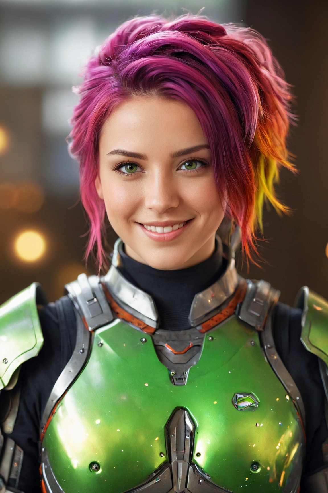 cyborg,girl,armor suit,colorful hair,green eyes,cute smile,messy hair,portrait,(best quality,4k,8k,highres,masterpiece:1.2),ultra-detailed,(realistic,photorealistic,photo-realistic:1.37),HDR,UHD,studio lighting,ultra-fine painting,sharp focus,physically-based rendering,extreme detail description,professional,vivid colors,bokeh,portraits