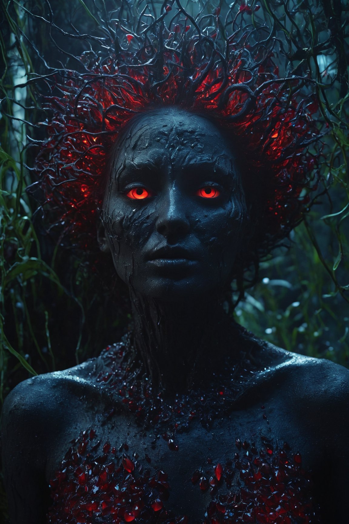 (best quality,8K,UHD,ultra-res), hyper-detailed, (nightmarish, malevolent) portrayal of an ominous soul emerging from the abyss of a desolate and mysterious wasteland. The figure, with skin oozing and crystal red eyes gleaming, embodies the eerie styles of artists Filip Hodas, Sandy Skoglund, and Natalia Rak. Imagine this sinister entity within a bioluminescent jungle, where organic forms and dynamic lighting create a hauntingly realistic scene. Executed in the style of a detailed and unforgettable hyper-realistic rendering, this illustration utilizing Octane Render captures every ghastly detail with maximum precision.