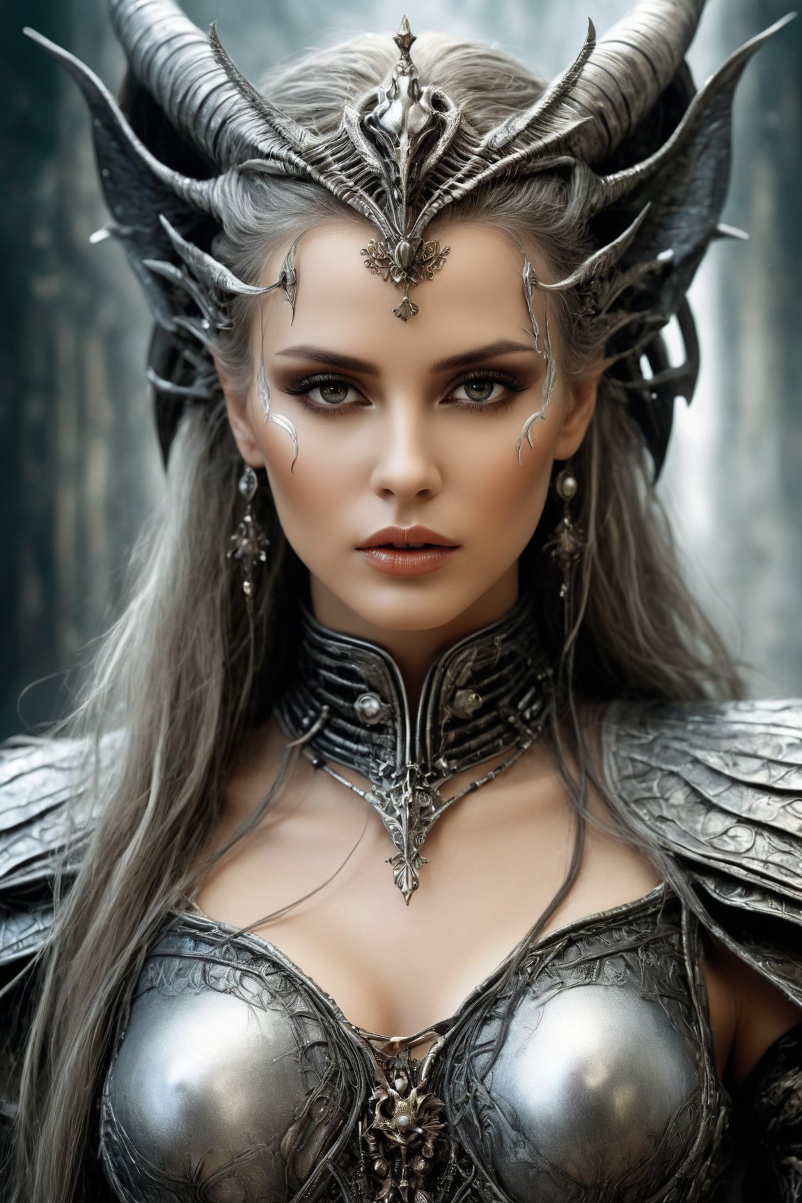 (best quality,8K,highres,masterpiece), ultra-detailed, (Luis Royo and H.R. Giger-inspired) fantasy portrait. Imagine an ethereal queen with a regal presence, adorned in ancient attire, her skin resembling smooth white ash. Embrace athleticism and attractiveness in her demeanor. The color palette should consist of muted tones to convey powerful emotions. This close-up theme demands intricate details, vibrant brightness, and highly detailed digital art, reminiscent of Julie Bell's artistic touch. Transport the viewer into a realm where magic and sorcery intertwine with Fantasy, Science Fiction, and Mythological elements, resulting in a breathtaking masterpiece. Ensure the final image boasts good quality, sharp focus, and impressive graphics.