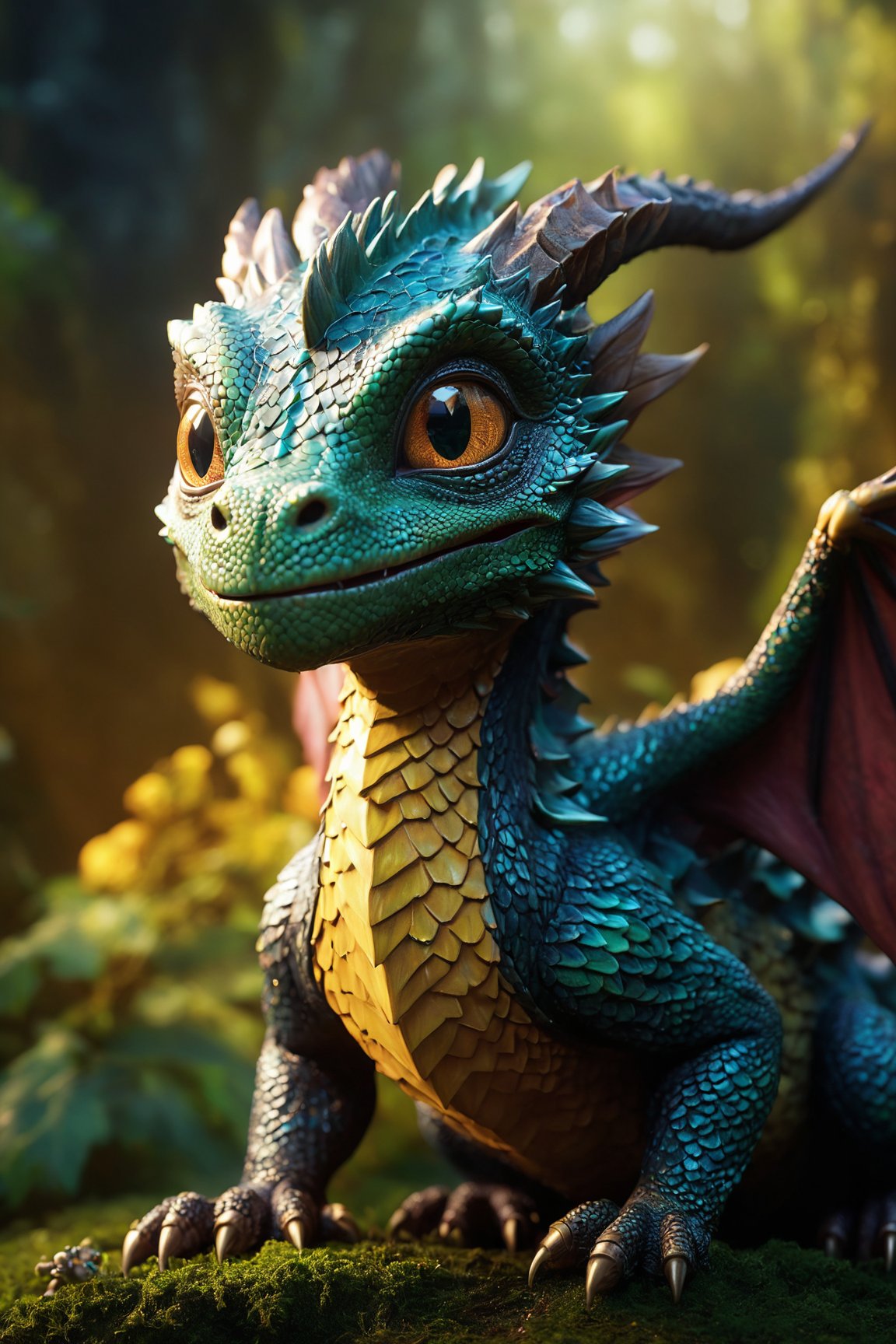 (best quality,16K,UHD,masterpiece), ultra-detailed, (cinematically rendered, visually stunning) artwork featuring a baby dragon. Picture a vibrant and enchanting scene with the dragon set against a mystical background. The 3D rendering brings out intricate details like its textured scales and adorable expression. The fluffy wings add a touch of whimsy, complemented by sparkling eyes that radiate playfulness. The magical atmosphere is intensified by realistic textures, professional artistry, and a captivating composition. Immerse yourself in an epic fantasy scene with a perfect blend of fantasy art style and mystical lighting.