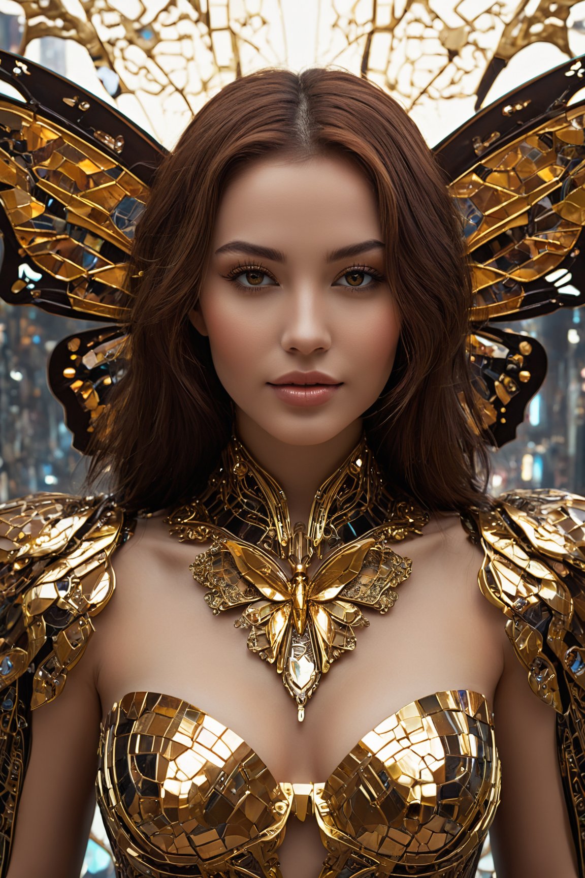 (masterful composition, cutting-edge) artwork that skillfully fuses the realms of cyberpunk and dreamlike surrealism. Immerse yourself in a world where a stunning cyborg, with (exquisite, intricate) details and luscious brown hair, radiates a charming smile. Her cyber enhancements showcase a (gilded butterfly filigree) that adds an air of enchantment. The backdrop features a surreal landscape of (shattered mirrors), creating a mesmerizing and visually dynamic masterpiece that blurs the lines between reality and fantasy.