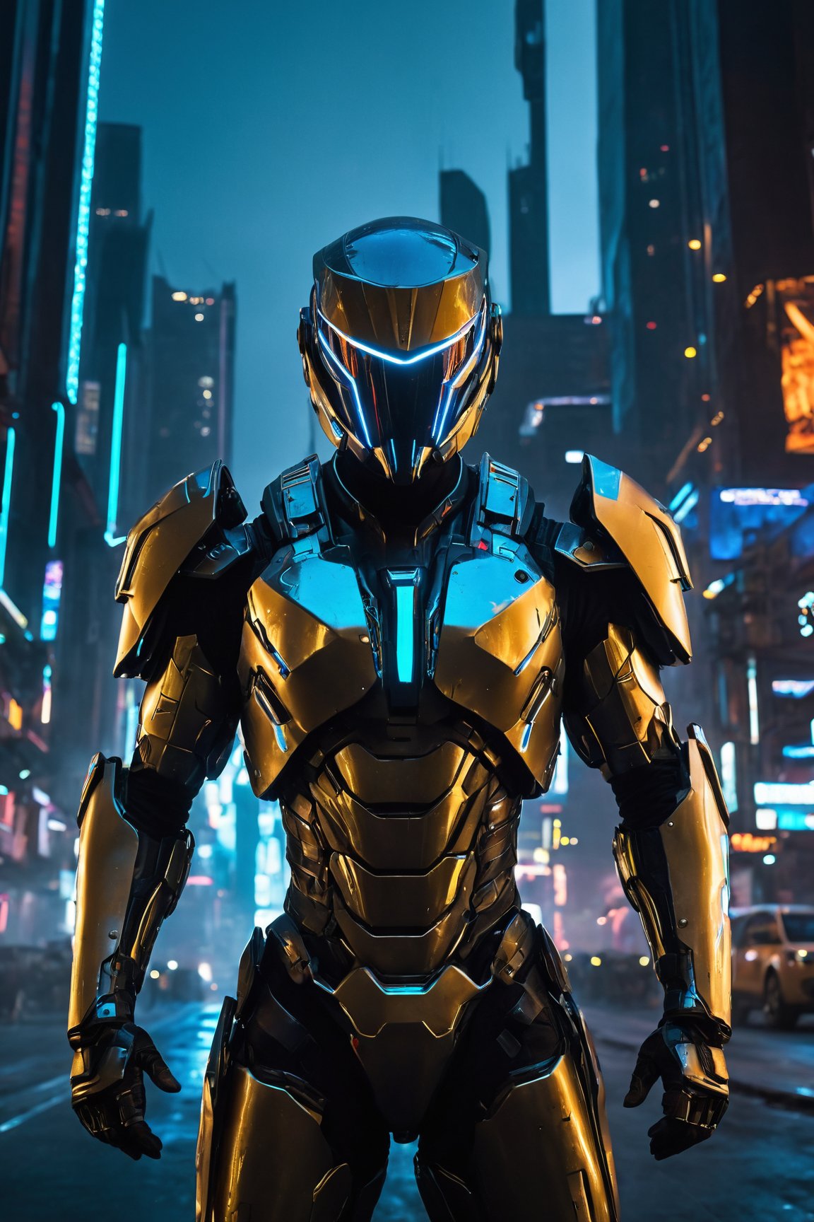 (best quality,4k,8k,highres,masterpiece:1.2),ultra-detailed,(realistic,photorealistic,photo-realistic:1.37), cyberpunk warrior in gold armor, white and blue trim, with a radiant aura and a radiant halo, immersive cybernetic enhancements, sleek and futuristic design, high-tech weaponry, neon-lit dystopian cityscape in the background, hovering drones, dynamic stance and confident expression, glowing LED lights on the armor, glossy metallic finish, monochromatic cyberpunk color scheme, rays of light reflecting off the armor, urban decay and grungy textures, laser beams cutting through the air, futuristic skyscrapers towering above, bustling crowded streets below, cybernetic implants glowing, holographic HUD display, intense glow emanating from the warrior's palms, sparks of electricity crackling around, rain-soaked streets reflecting the vibrant neon lights, heavy smoke and steam filling the air, atmospheric fog creating a mysterious ambiance, high-speed hoverbike trailing behind with streaks of light, electrifying energy surging through the armor, intense battle action, dynamic motion blur effects, dystopian and futuristic atmosphere, cybernetic combat suit powered by advanced technology, towering billboards displaying holographic advertisements, futuristic visor enhancing the warrior's vision, high-contrast lighting, shadows dancing across the warrior's face, intense cyberpunk energy pulsating in the air.