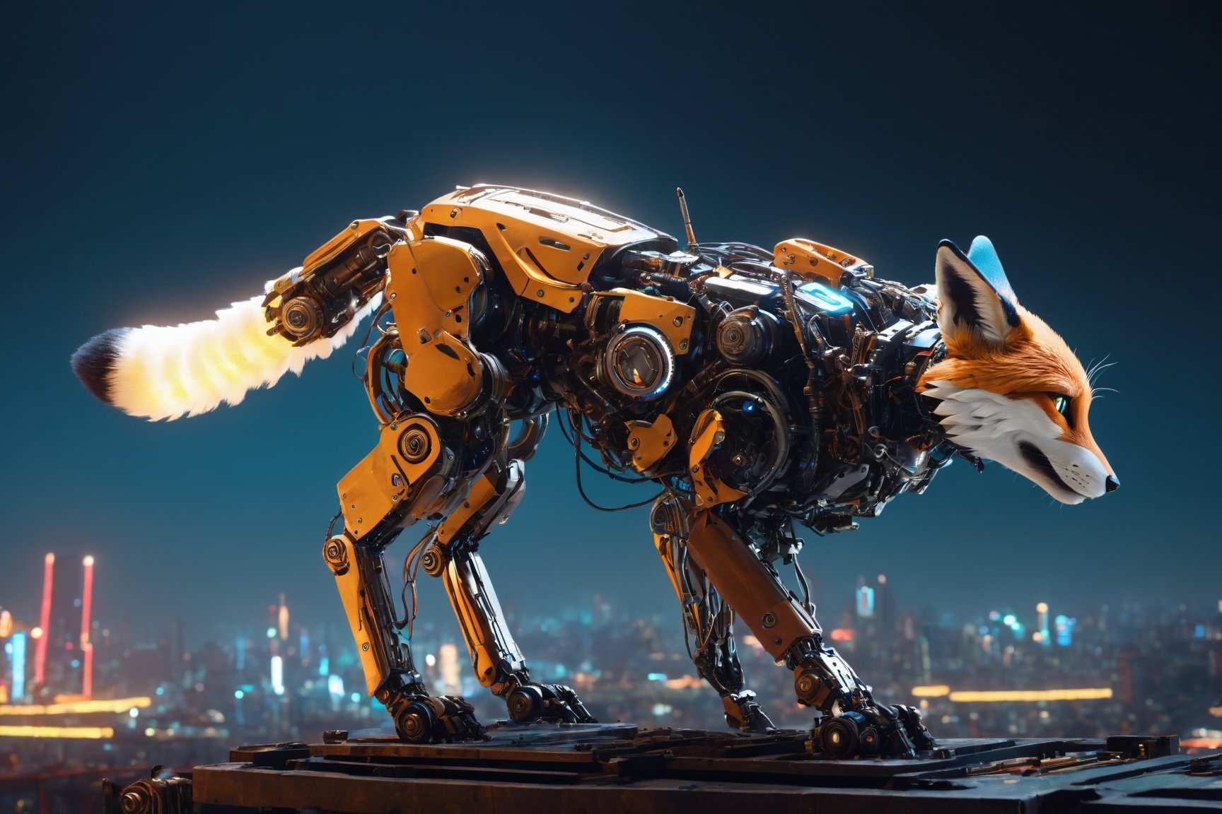 (best quality,4k,8k,highres,masterpiece:1.2),ultra-detailed,(realistic,photorealistic,photo-realistic:1.37),mechanical,robot,cyborg,fox,sci-fi,fantasy,articulated robotic limbs,futuristic robotic design,glistening metallic surfaces,advanced technologies,steampunk elements,intricate mechanical gears,glowing LED lights,mysterious and dramatic atmosphere,urban cityscape background,ethereal and magical fox companion,hovering in mid-air,intense cinematic lighting,colorful and vibrant sci-fi palette,showcasing the fusion of machinery and nature