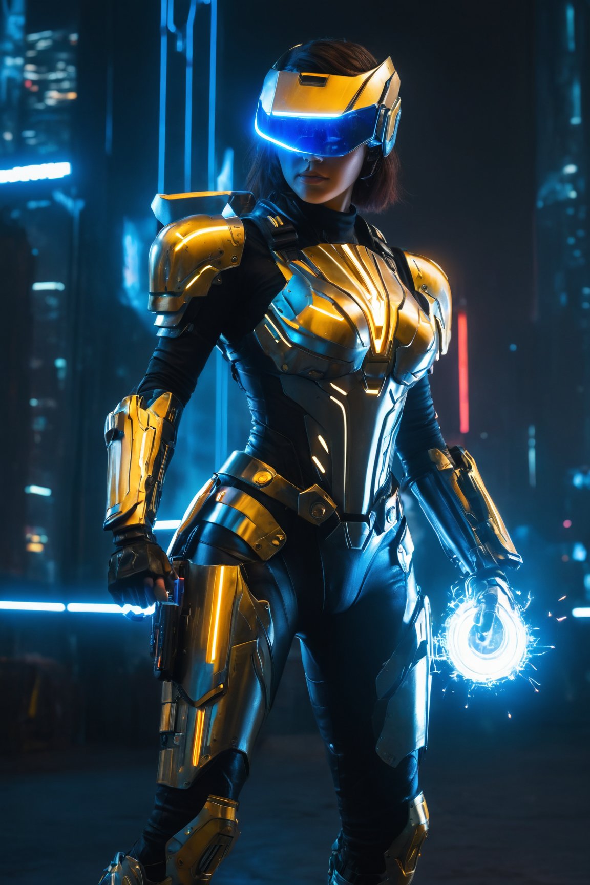 (best quality,4k,8k,highres,masterpiece:1.2),ultra-detailed,(realistic,photorealistic,photo-realistic:1.37),cyberpunk warrior,gold armor,white and blue trim,radiant aura,radiant halo,sci-fi,sharp focus,vivid colors,concept artists,glowing circuit patterns,cityscape in the background,technological weapons and gadgets,high-tech visor,gloved hands,metallic boots and gauntlets,energetic stance,confident expression,dystopian atmosphere,neon lights,imposing presence,electric sparks,smoke and steam effects,explosive energy,action-packed scene