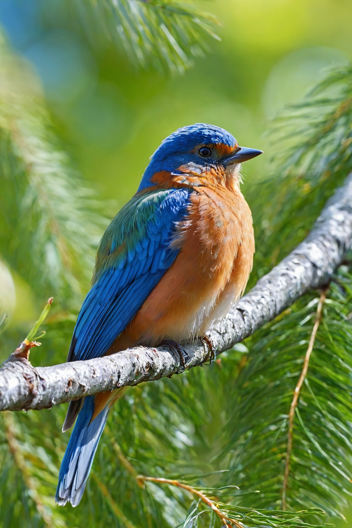 (blue bird), (sitting on a tree branch), (close up), (photorealistic), (detailed feathers), (vivid colors), (soft sunlight), (nature backdrop), (bokeh), (ultra-detailed eyes), (sharp focus), (realistic textures:1.1), (fine details), (crisp outlines), (high definition), (lush green leaves), (intense blue sky), (slightly blurred background)
