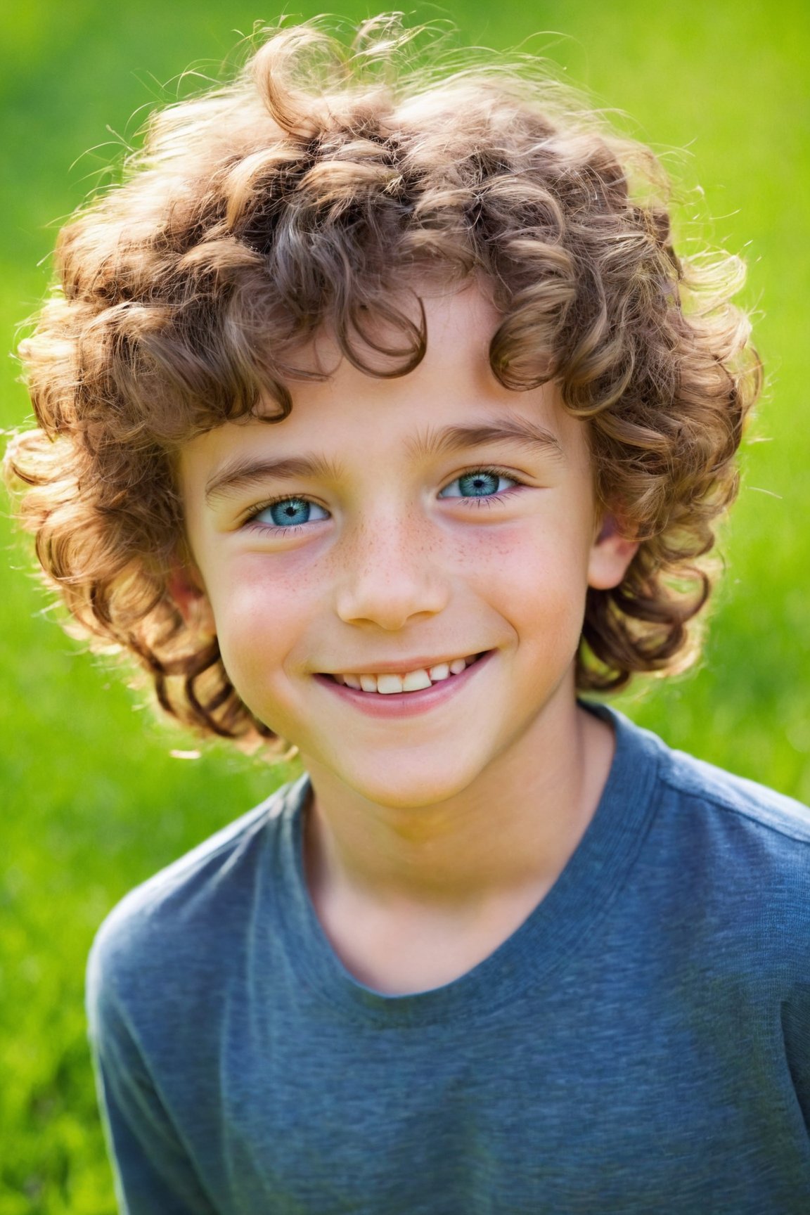 (best quality,highres,masterpiece:1.2),beautiful detailed face, cute smile,outdoor,boy,blue eyes,soft curly hair,lively expression,playful pose,vibrant colors,warm sunlight,green grass,trees in the background