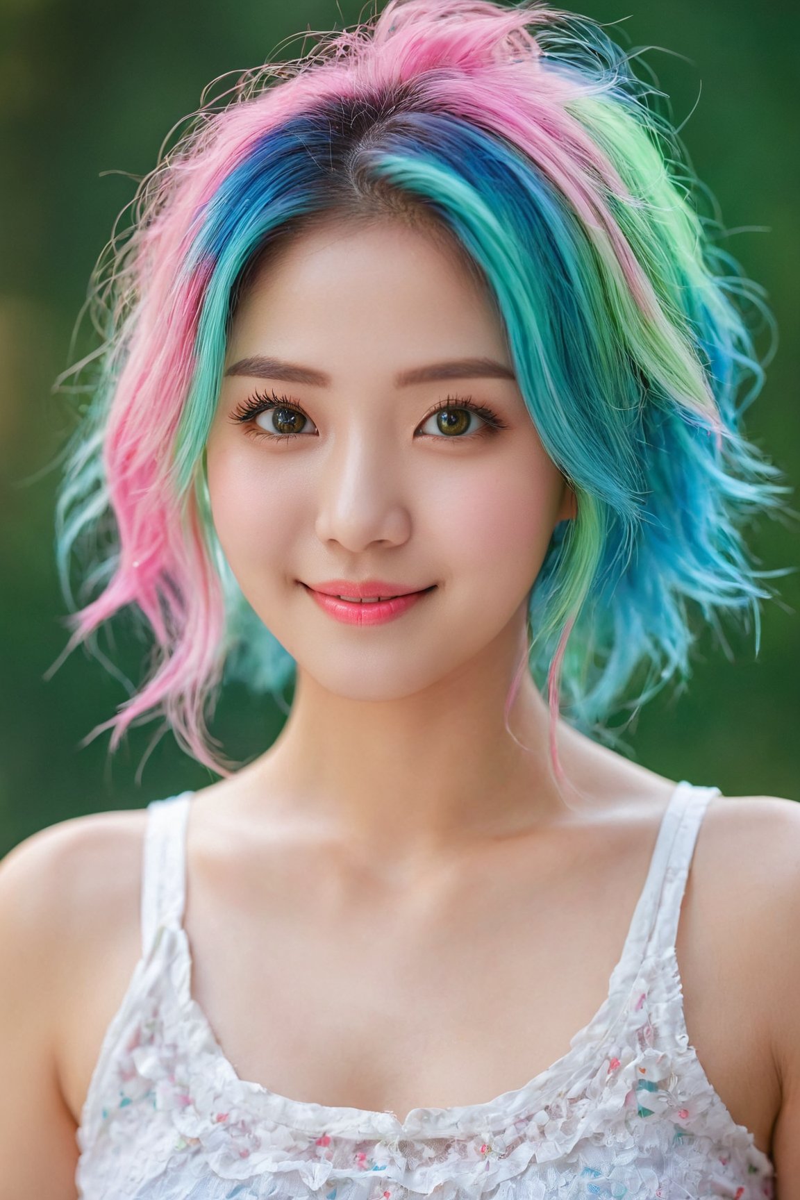 (best quality, highres, realistic:1.37), ultra-detailed, beautiful detailed eyes, beautiful detailed lips, extremely detailed eyes and face, long eyelashes, medium:korean, 1girl, cute smile, pink and blue hair, messy hair, green top, white skirt, vivid colors, portraits, soft lighting, bokeh
