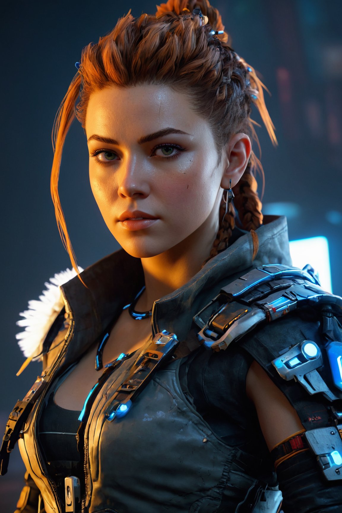 (best quality,4K,8K,highres), ultra-detailed, (futuristic cyberpunk illustration) portraying an American Caucasian heroine reminiscent of Aloy from Horizon Zero Dawn. Immerse yourself in a mesmerizing digital realm where this iconic character dons a cutting-edge cyberpunk ensemble, covering her entire figure. The high-resolution artwork unveils a world of urban sleekness, featuring Aloy in a sleek and modern cyberpunk outfit that gleams with reflective surfaces and neon accents, creating a visually striking and technologically advanced aesthetic. The artist's skilled strokes vividly capture Aloy's determination and strength, with atmospheric lighting that intensifies the cyberpunk ambiance. An exceptional masterpiece that seamlessly fuses gaming and cyberpunk elements, presenting Aloy in a new light that resonates with awe-inspiring futuristic glory.
