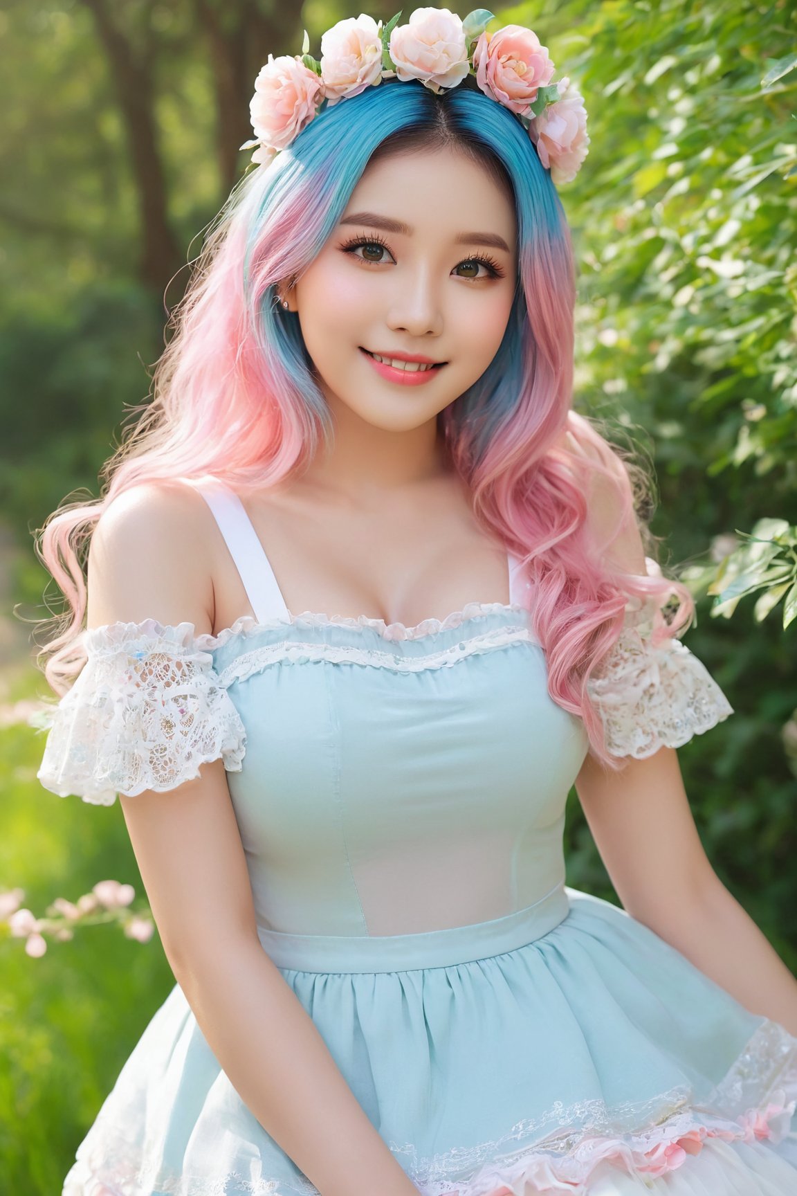 korean,girl,cute smile,huge breast,pink and blue hair,colorful hair,messy hair,green top,white skirt,beautiful detailed eyes,beautiful detailed lips,(best quality,4k,8k,highres,masterpiece:1.2),ultra-detailed,(realistic,photorealistic,photo-realistic:1.37),K-pop style,vivid colors,soft lighting,flower garden background,playful expression,flower crown,sparkling eyes,intricate lace details,ruffle sleeves,shimmering fabric,sunshine filtering through trees,pleasant breeze,fresh flowers,butterflies dancing around,delicate makeup,innocent charm,dynamic pose,captivating gaze,Candyland theme,magical atmosphere,subtle blush,joyful energy,ethereal beauty,soft pastel colors,whimsical surroundings,Sweet Lolita fashion,harmonious color palette,enchanted garden,airy and dreamy ambiance,cheerful and carefree vibe,fairytale-like scenario